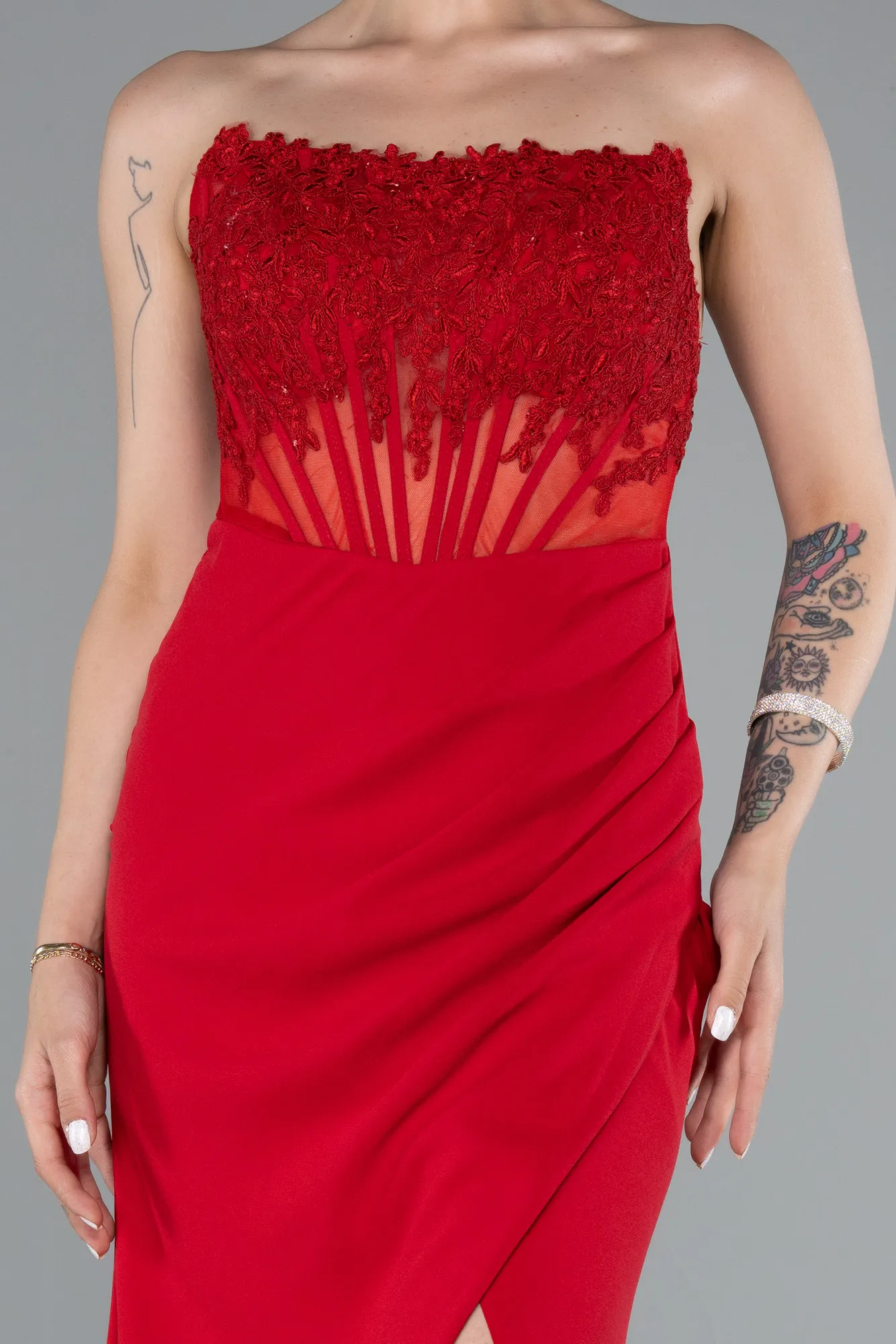 Red-Strapless Lace Appliqued Slit Long Evening Gown ABU5001