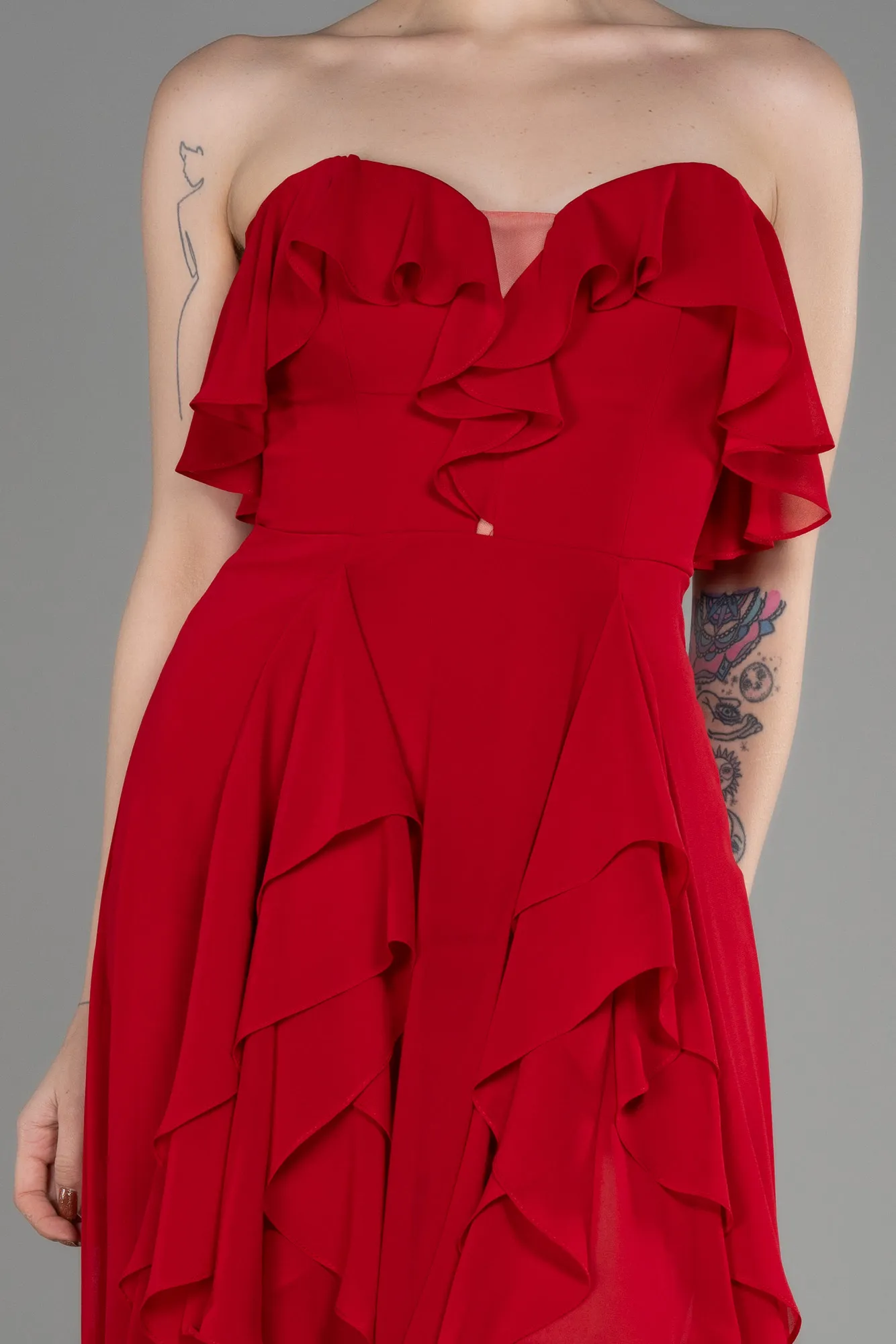 Red-Strapless Long Chiffon Prom Dress ABU3838