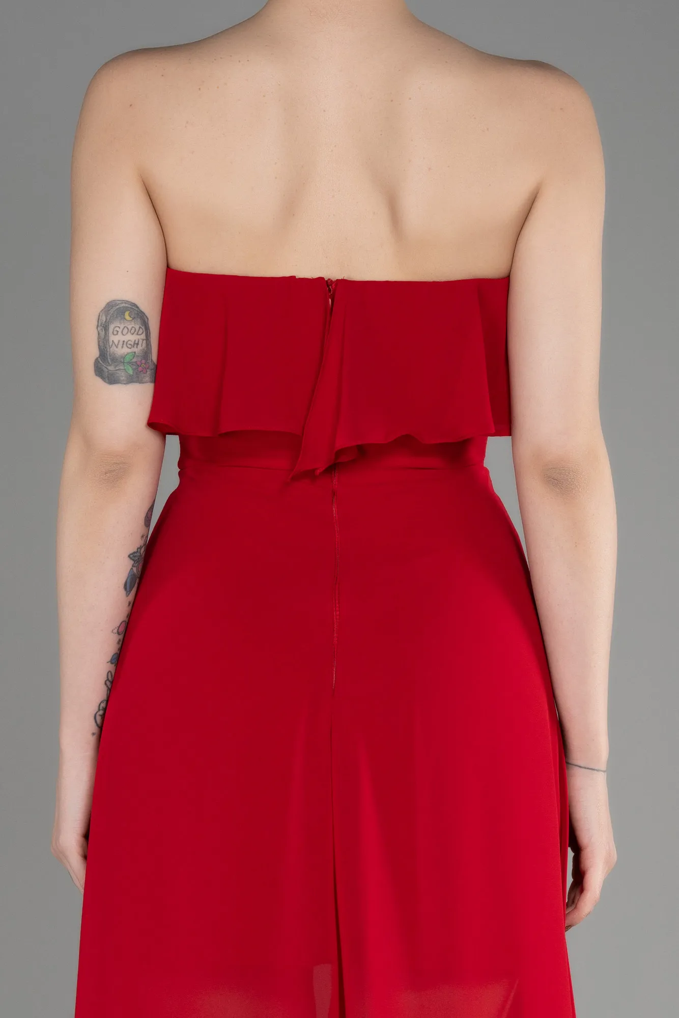 Red-Strapless Long Chiffon Prom Dress ABU3838