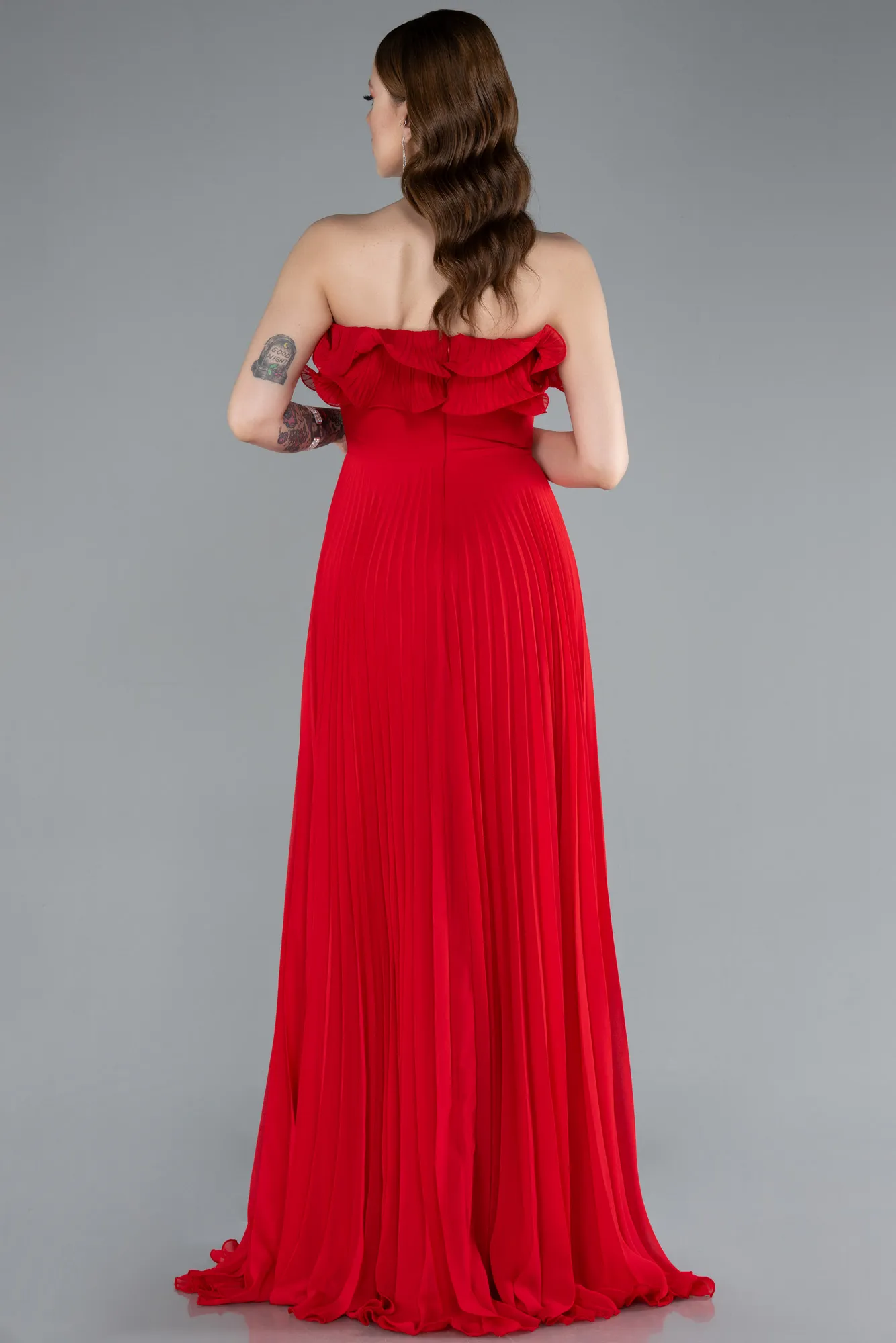 Red-Strapless Long Chiffon Prom Gown ABU4866