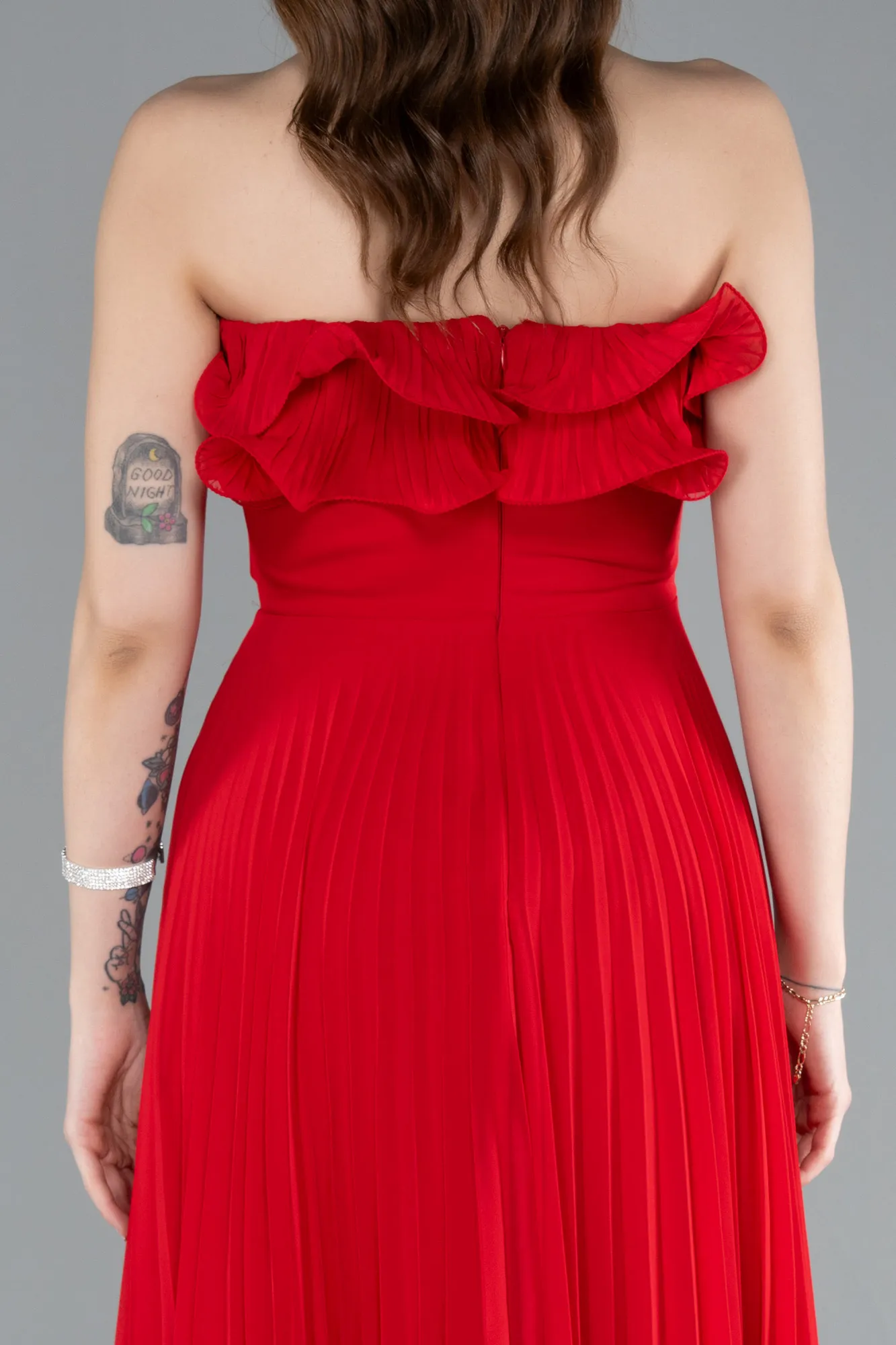 Red-Strapless Long Chiffon Prom Gown ABU4866