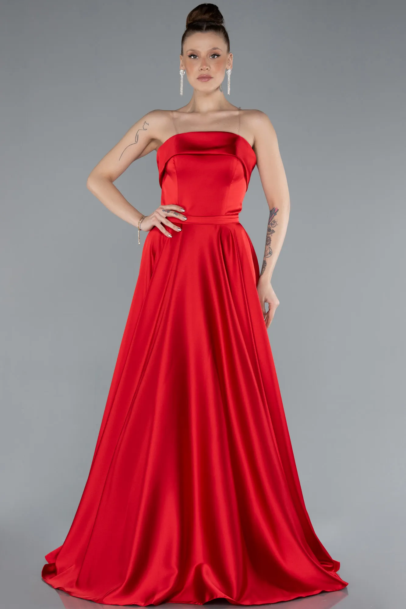 Red-Strapless Long Satin Prom Dress ABU4685