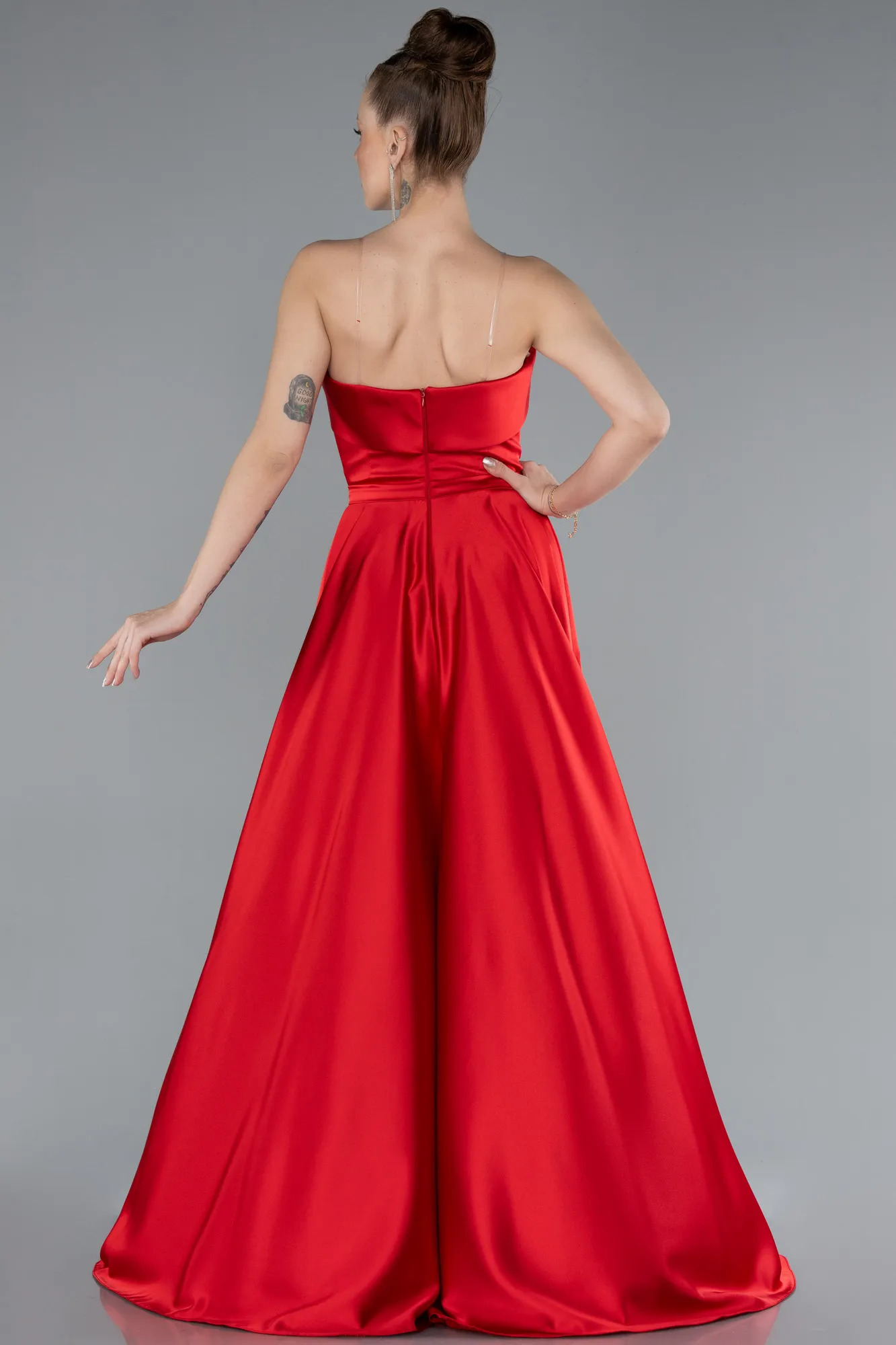 Red-Strapless Long Satin Prom Dress ABU4685