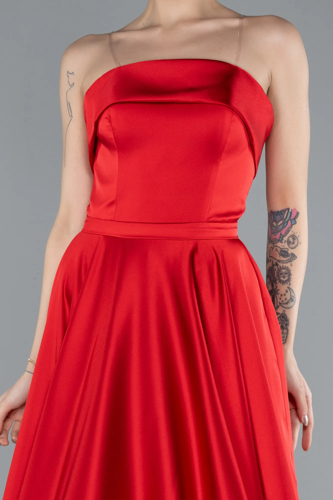 Red-Strapless Long Satin Prom Dress ABU4685