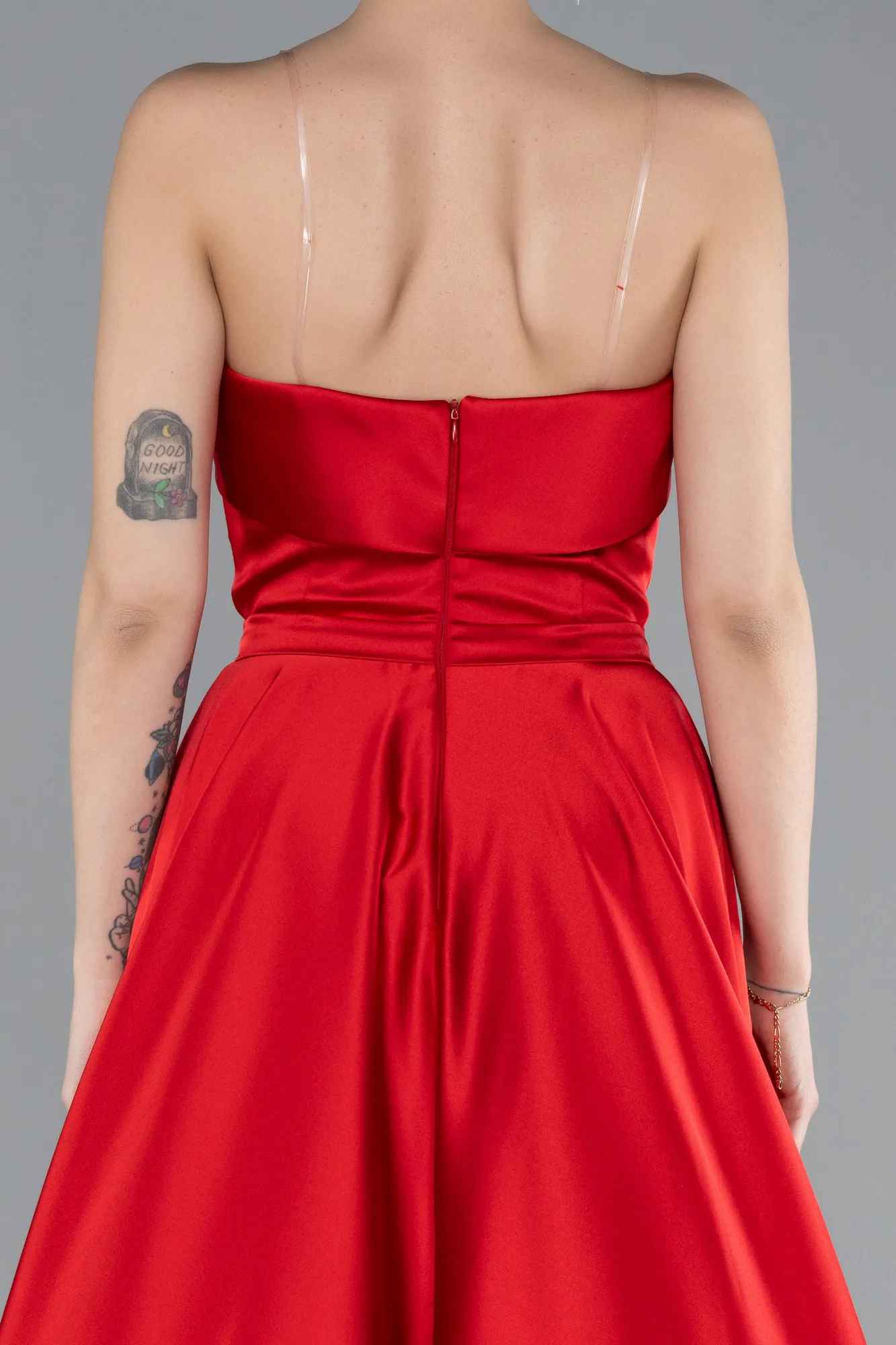 Red-Strapless Long Satin Prom Dress ABU4685