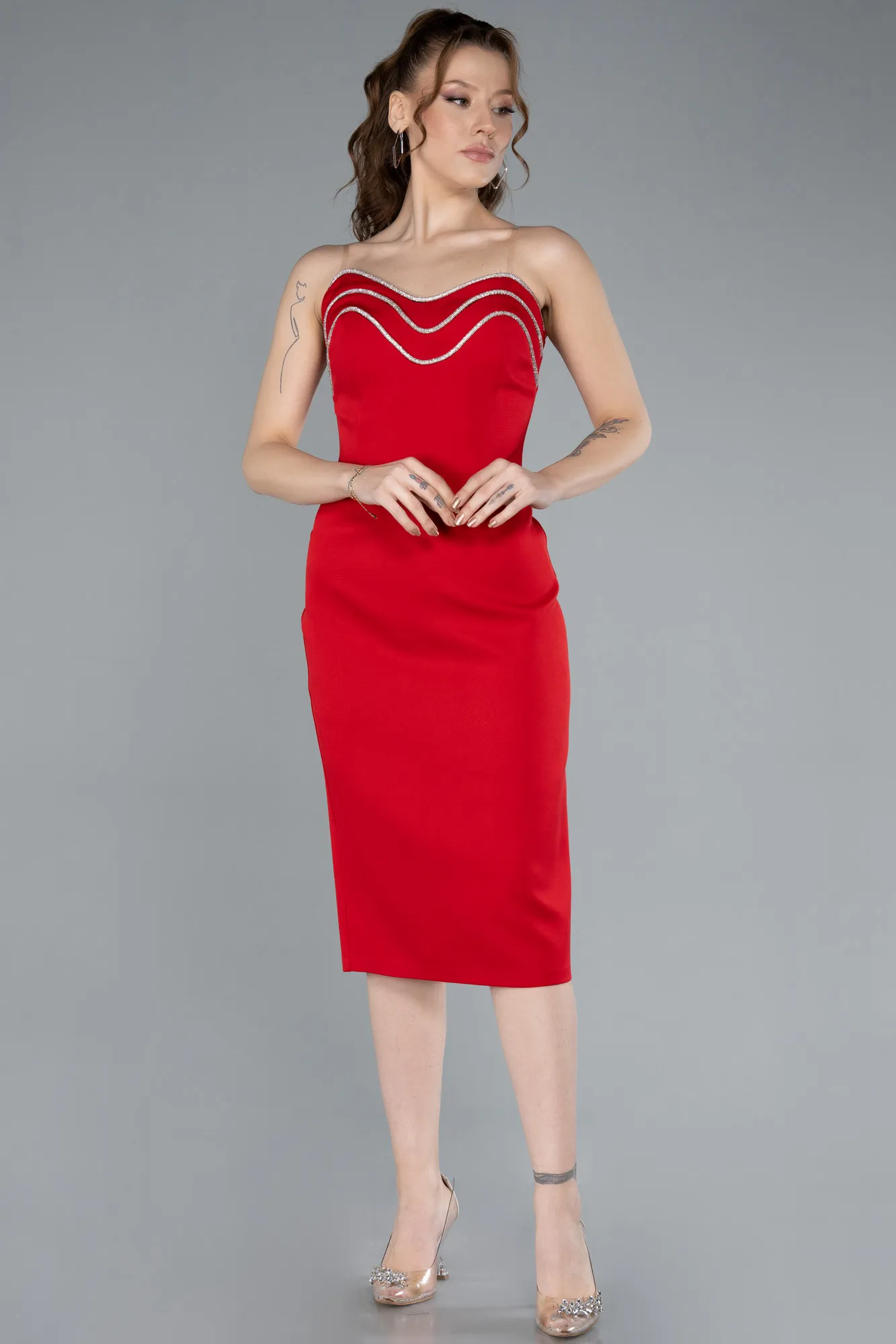 Red-Strapless Midi Cocktail Dress ABK2262