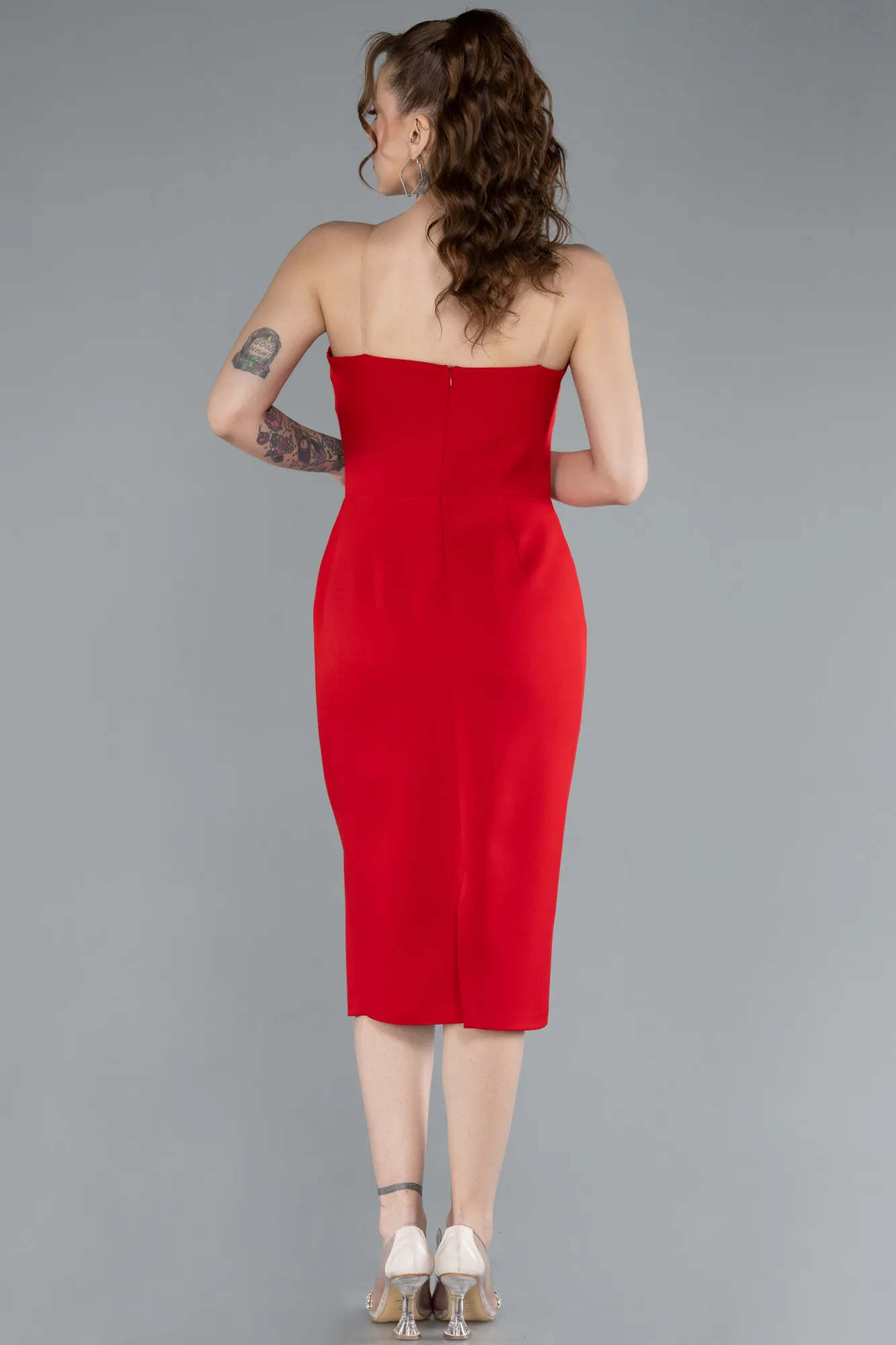 Red-Strapless Midi Cocktail Dress ABK2262