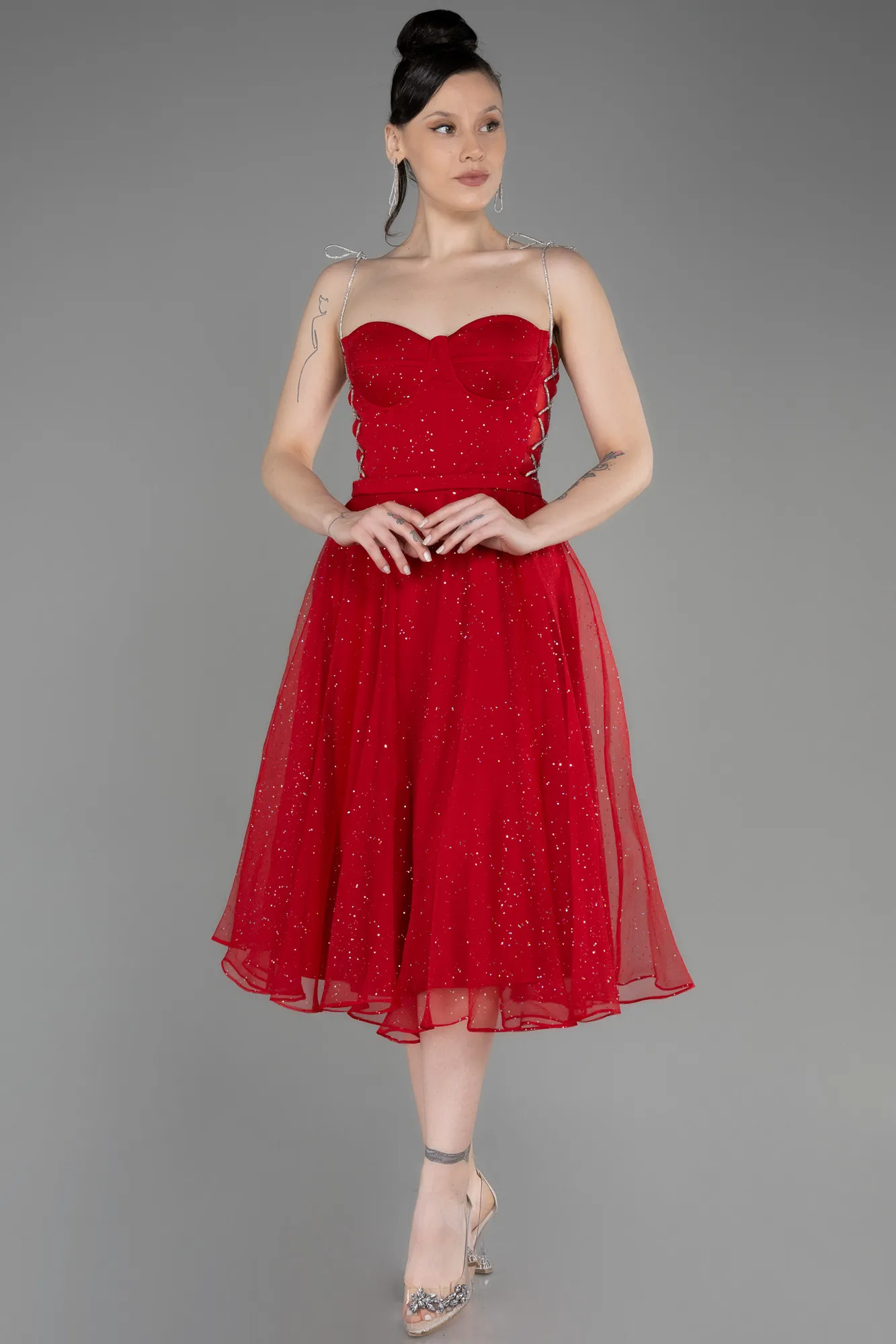 Red-Strapless Midi Glittery Cocktail Dress ABK2032