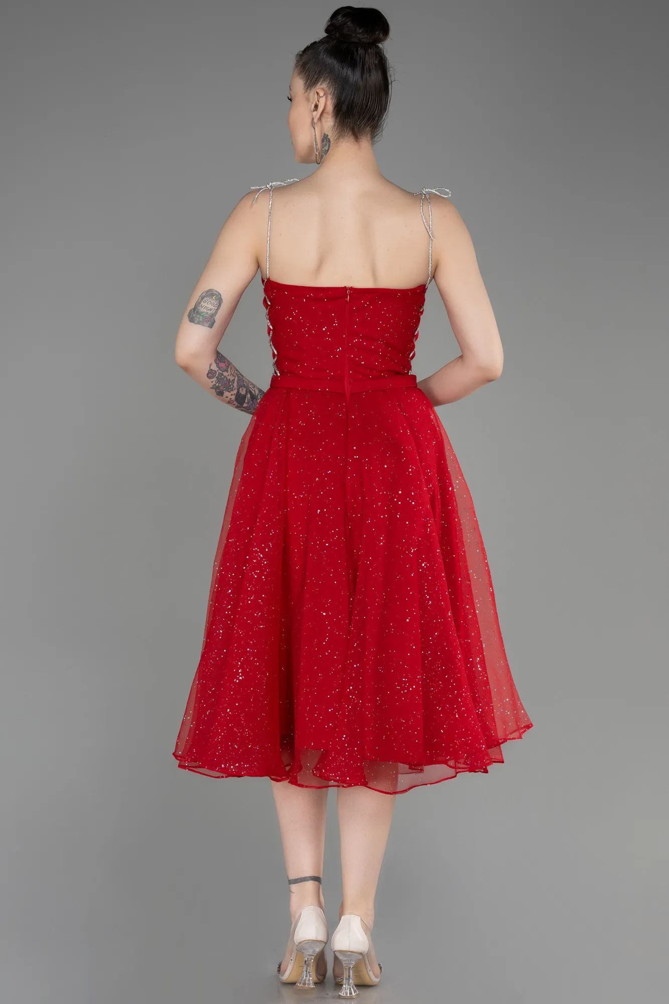 Red-Strapless Midi Glittery Cocktail Dress ABK2032