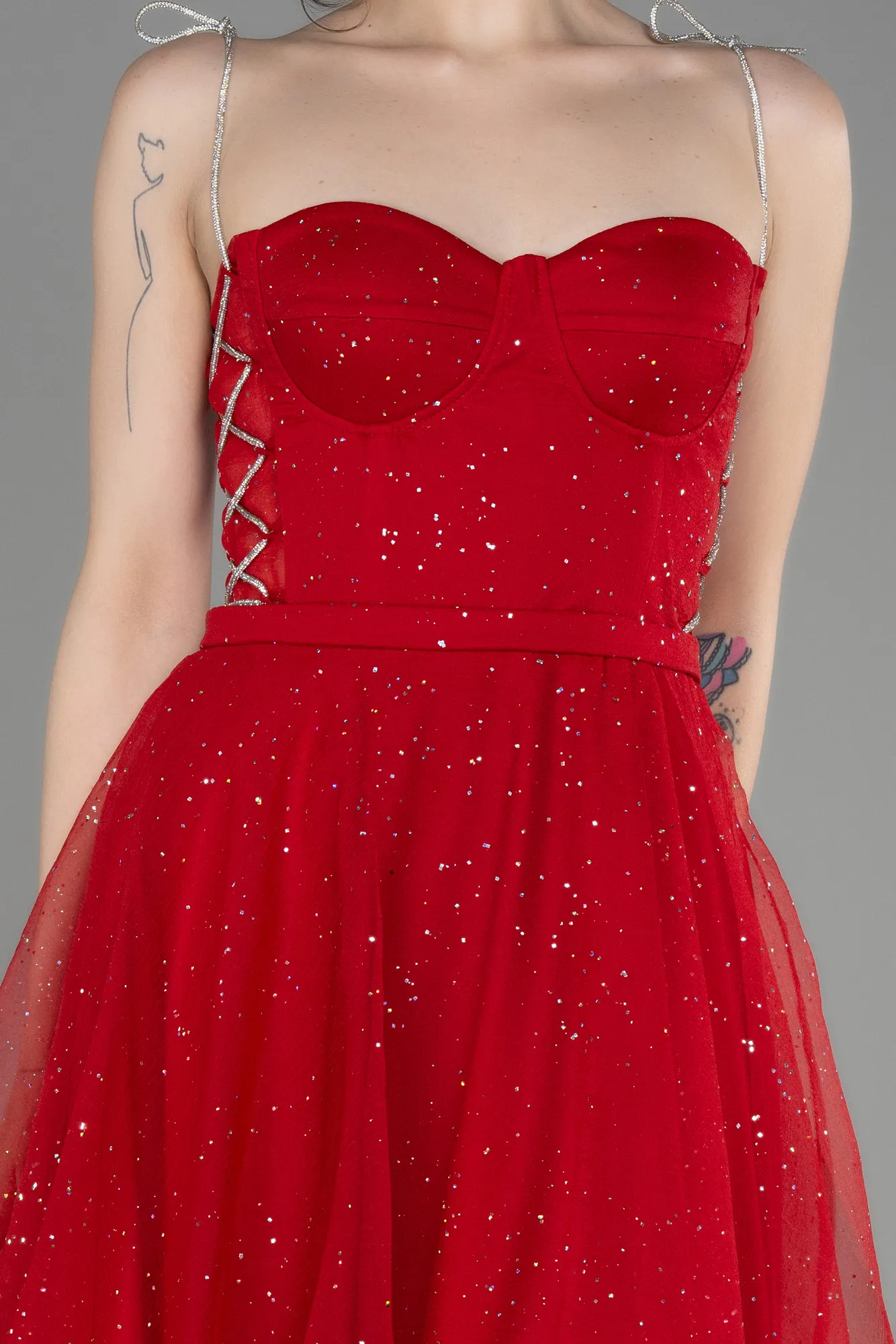 Red-Strapless Midi Glittery Cocktail Dress ABK2032