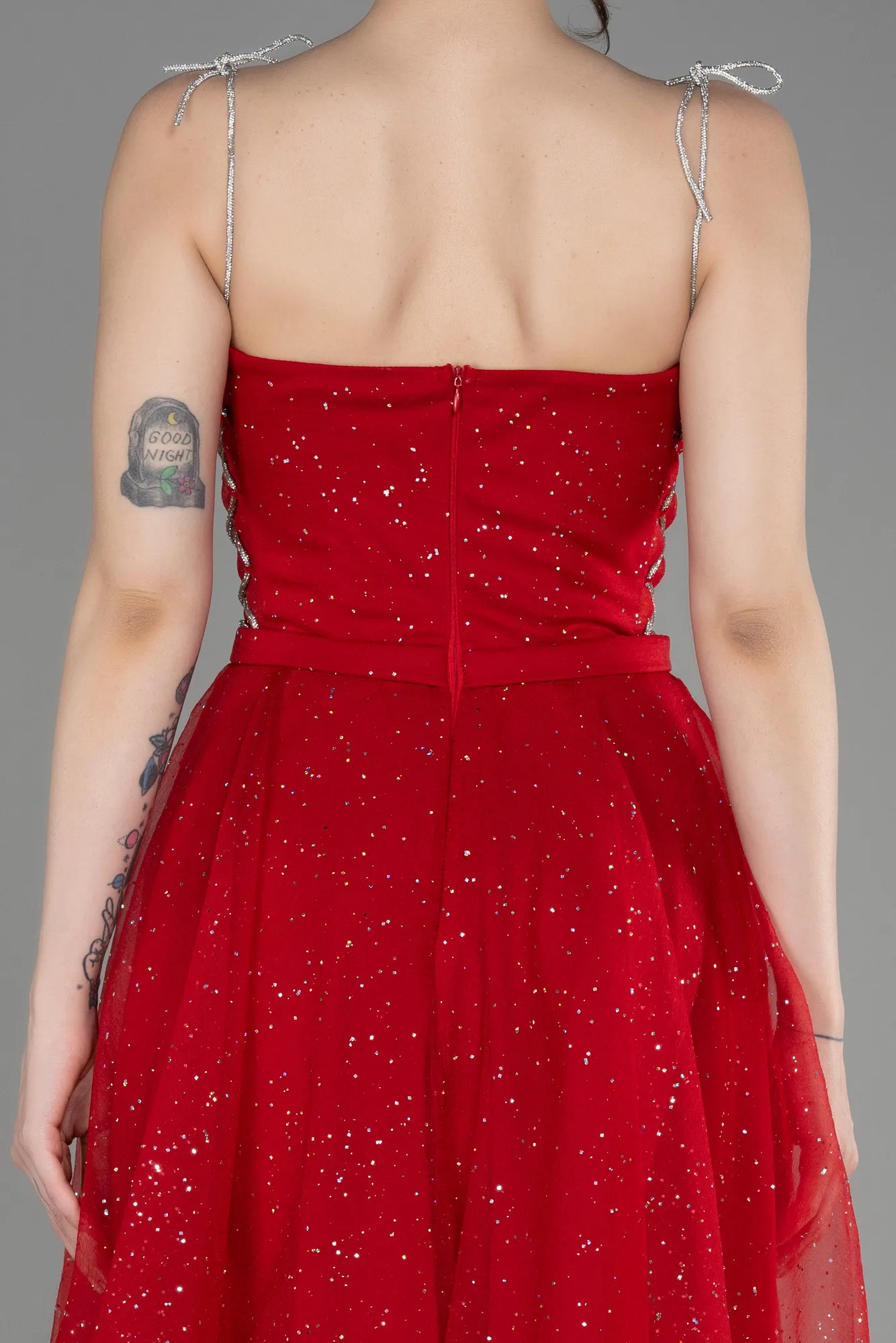 Red-Strapless Midi Glittery Cocktail Dress ABK2032