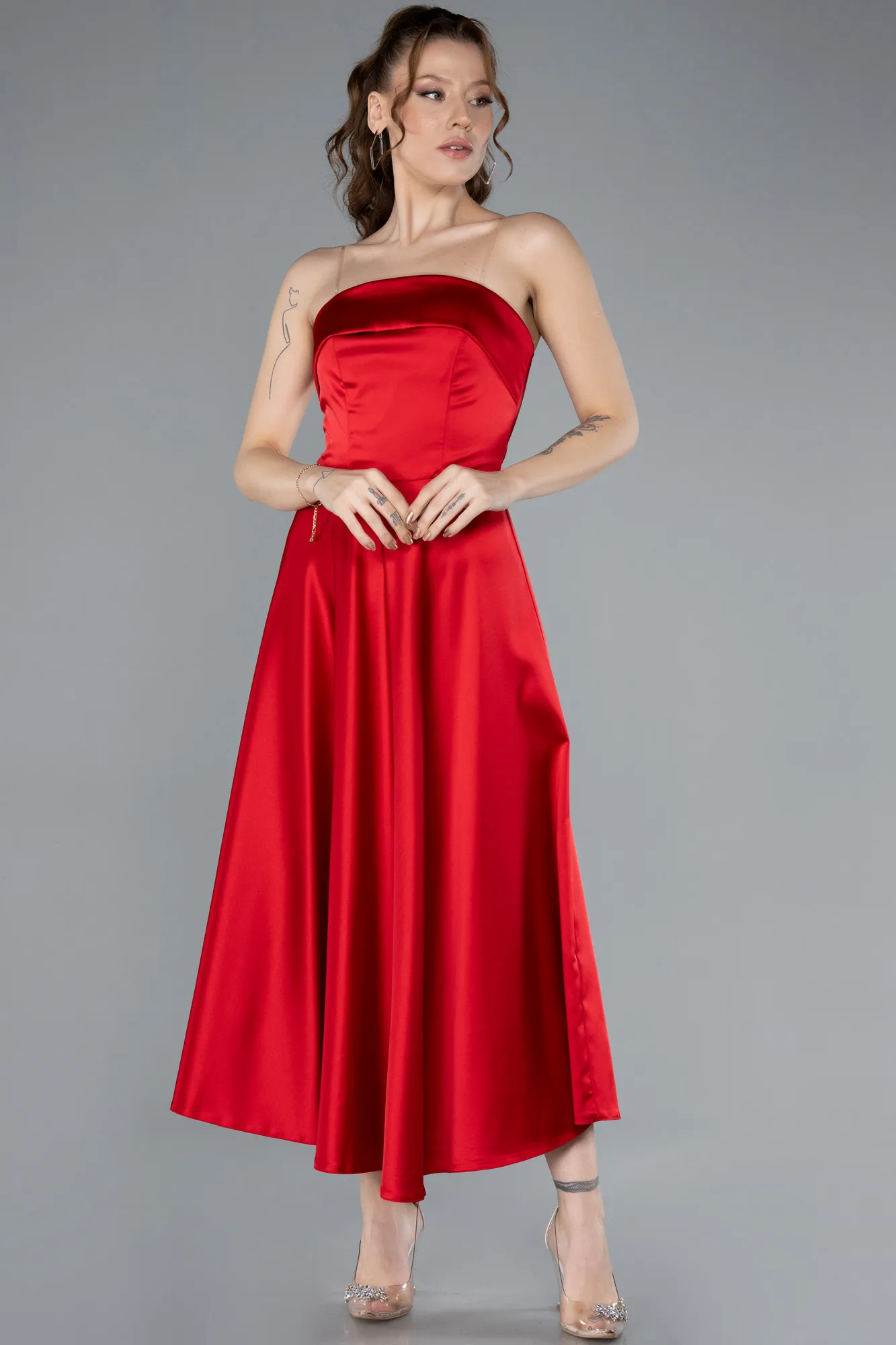 Red-Strapless Midi Satin Cocktail Dress ABK2275