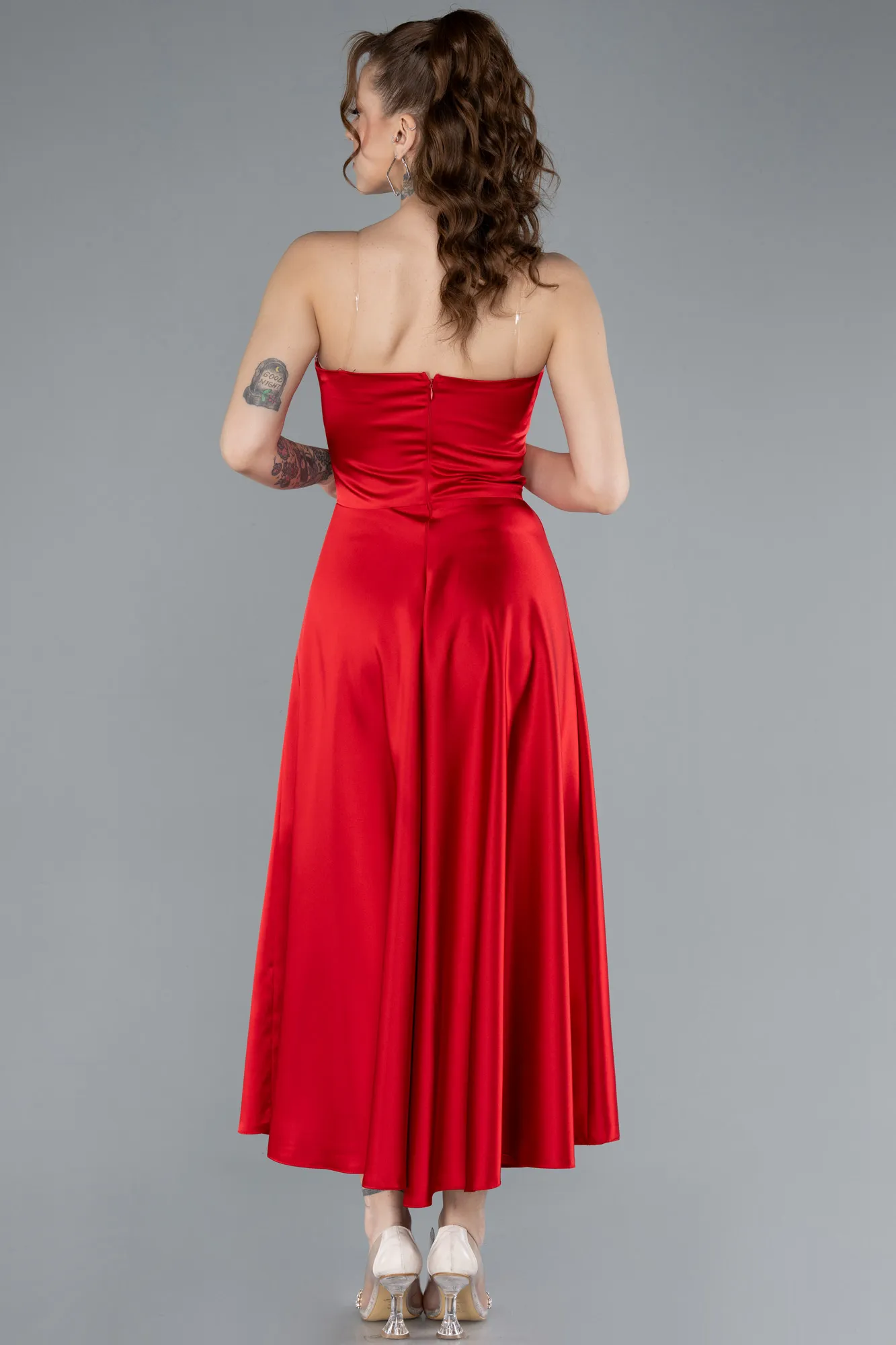 Red-Strapless Midi Satin Cocktail Dress ABK2275