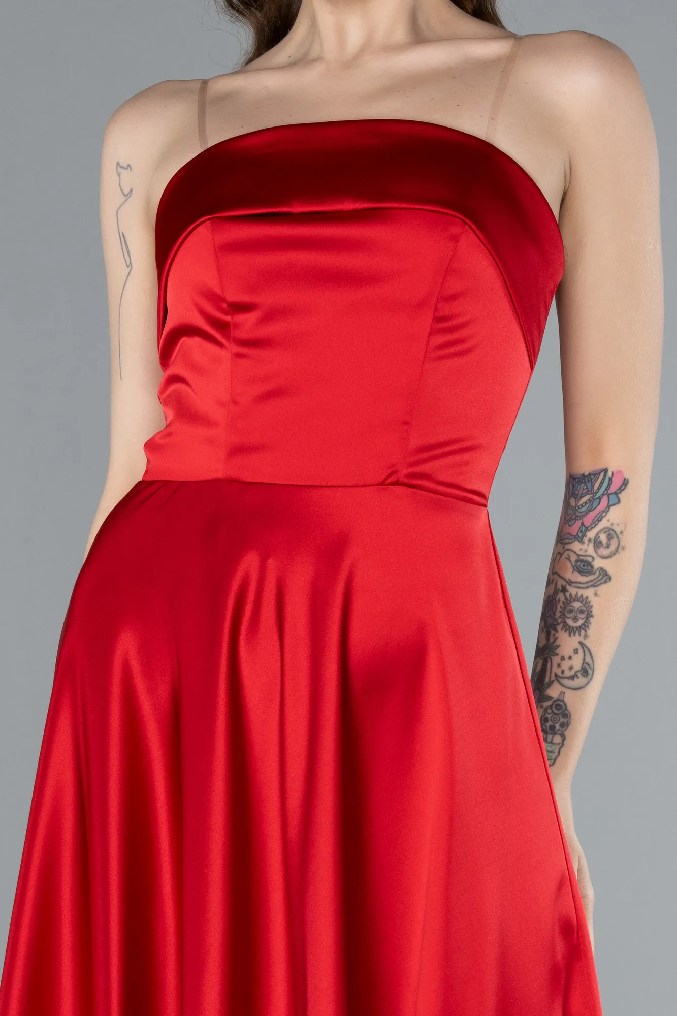 Red-Strapless Midi Satin Cocktail Dress ABK2275