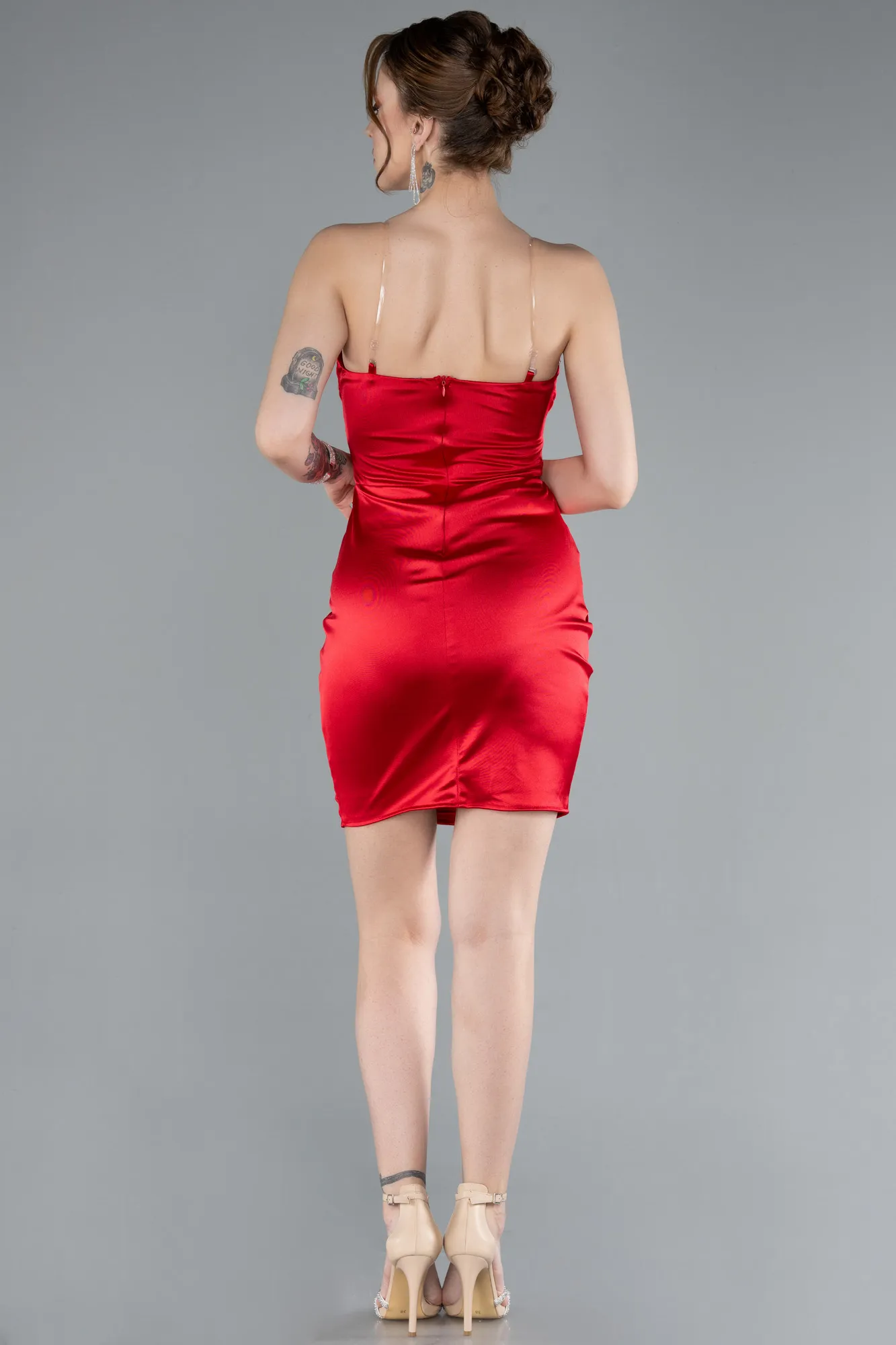 Red-Strapless Neck Mini Satin Party Dress ABK2289