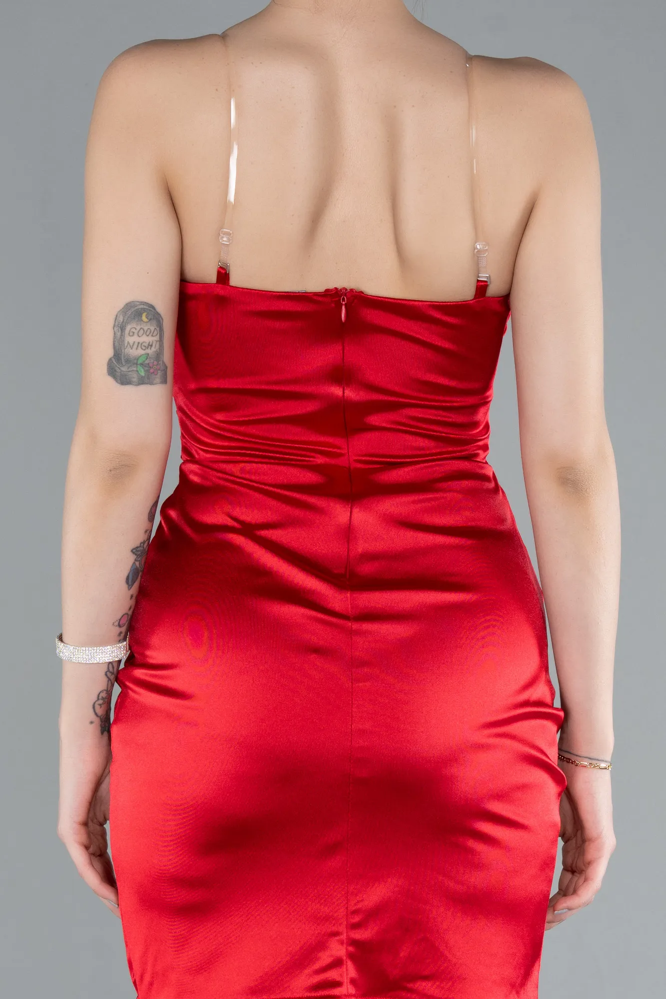 Red-Strapless Neck Mini Satin Party Dress ABK2289