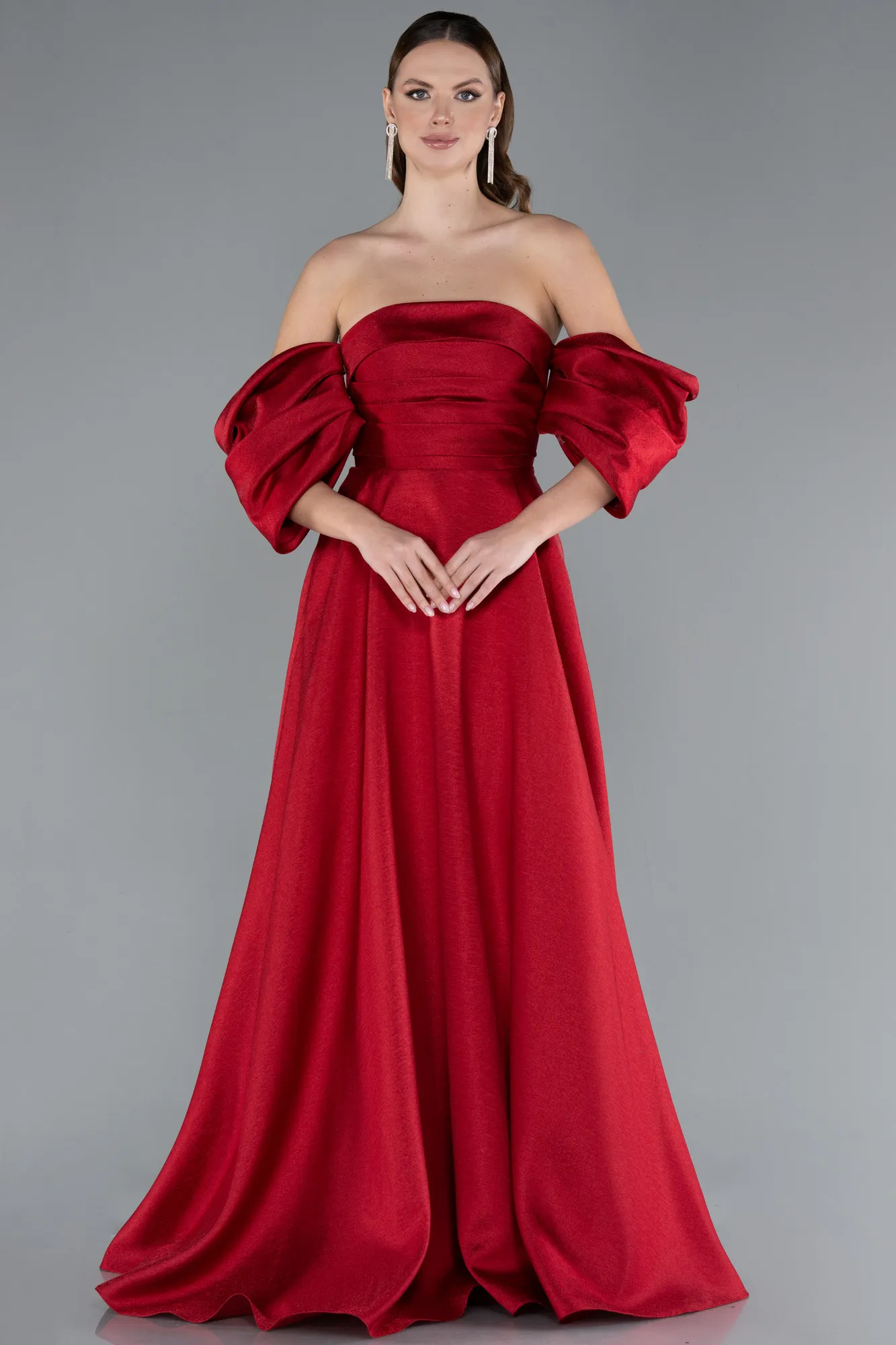 Red-Strapless Puff Sleeves Long Taffeta Prom Dress ABU4783
