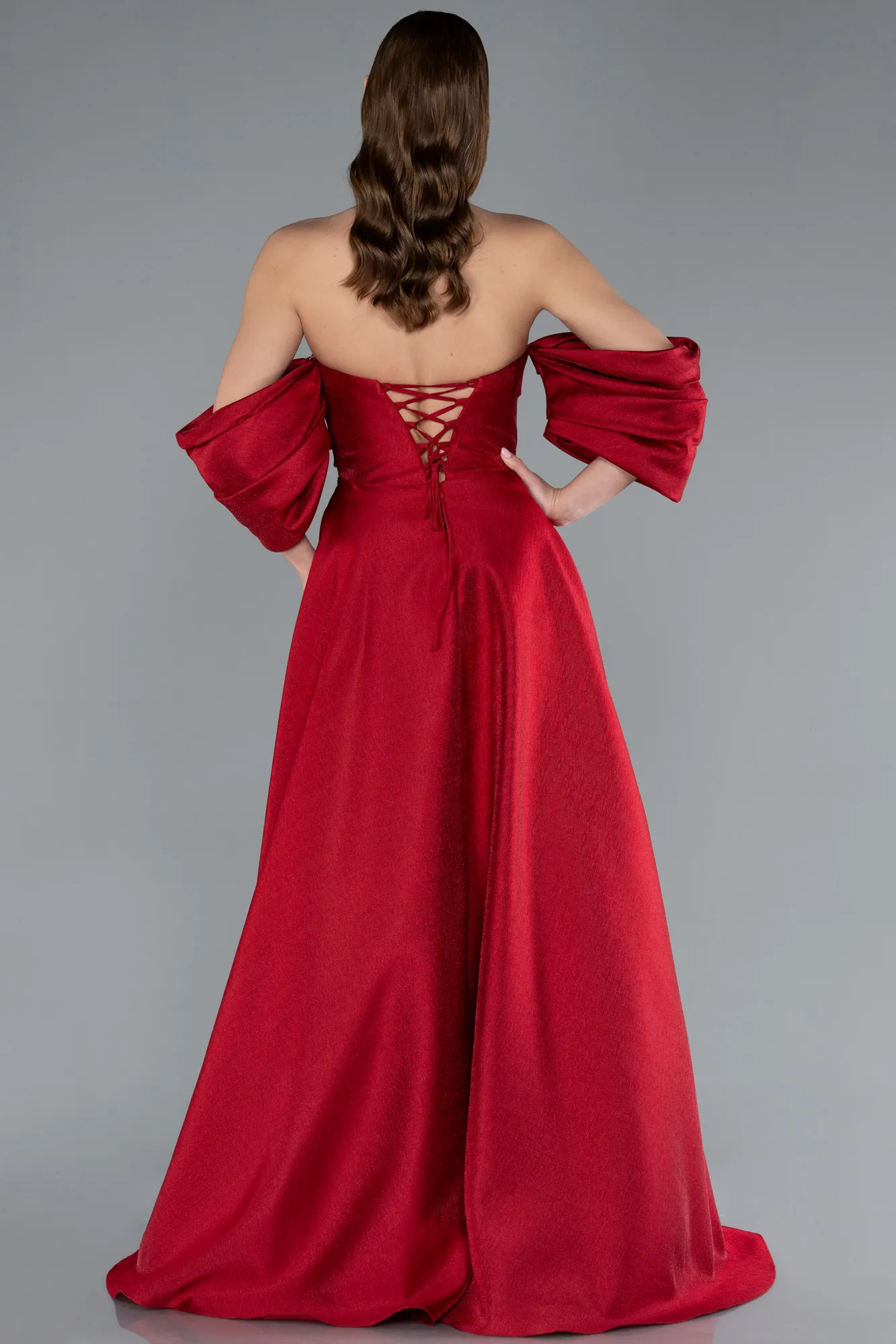 Red-Strapless Puff Sleeves Long Taffeta Prom Dress ABU4783
