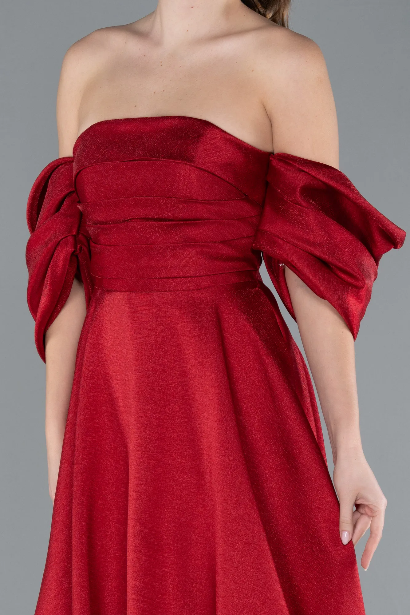 Red-Strapless Puff Sleeves Long Taffeta Prom Dress ABU4783