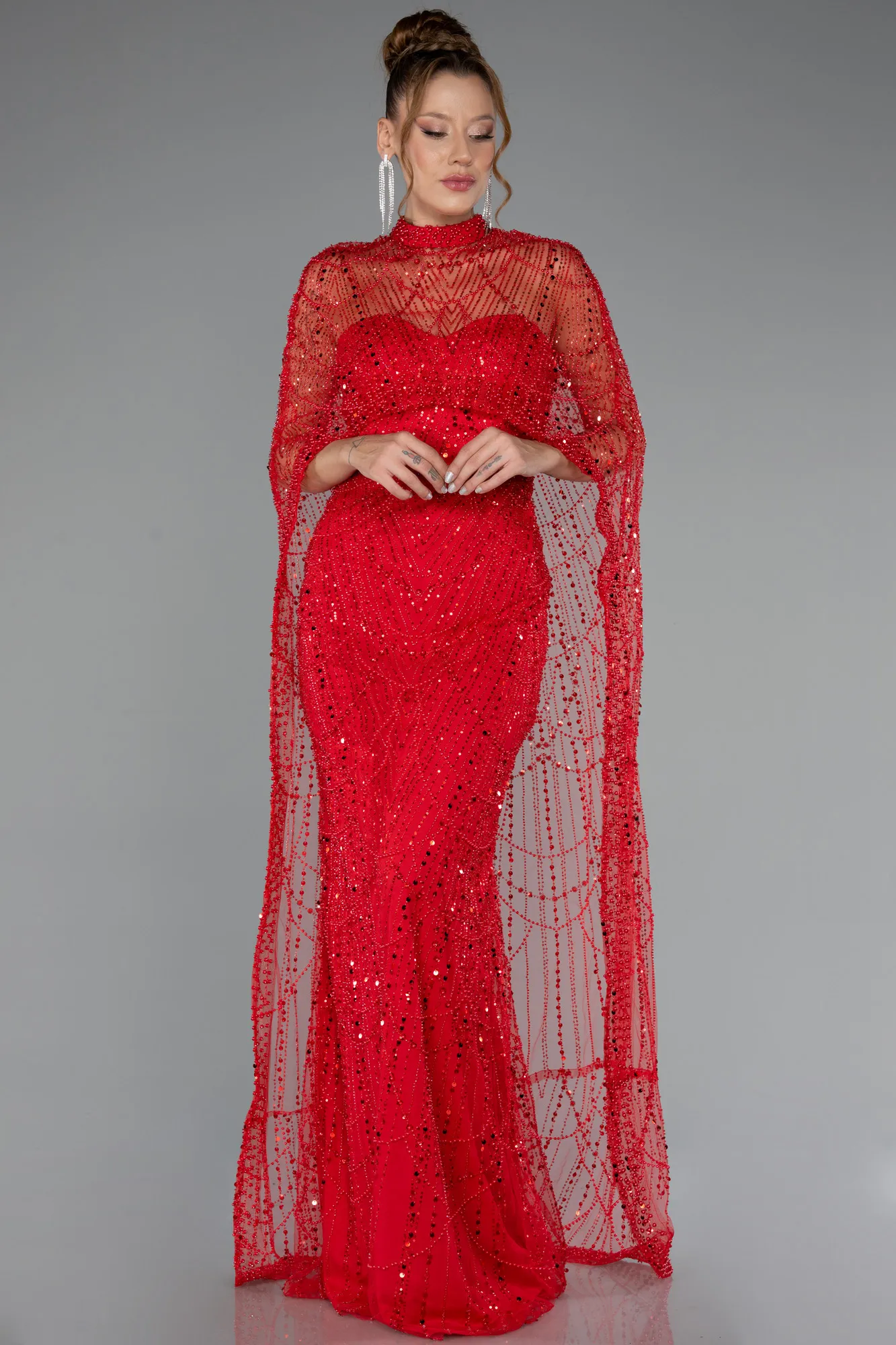Red-Strapless Shawl Stoned Long Evening Gown ABU4517