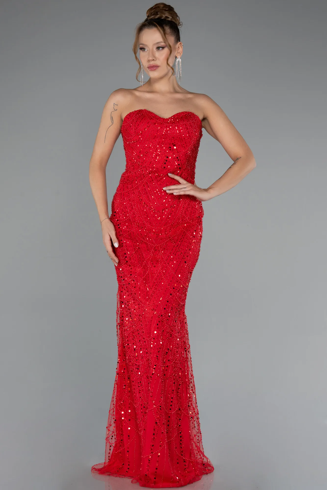 Red-Strapless Shawl Stoned Long Evening Gown ABU4517