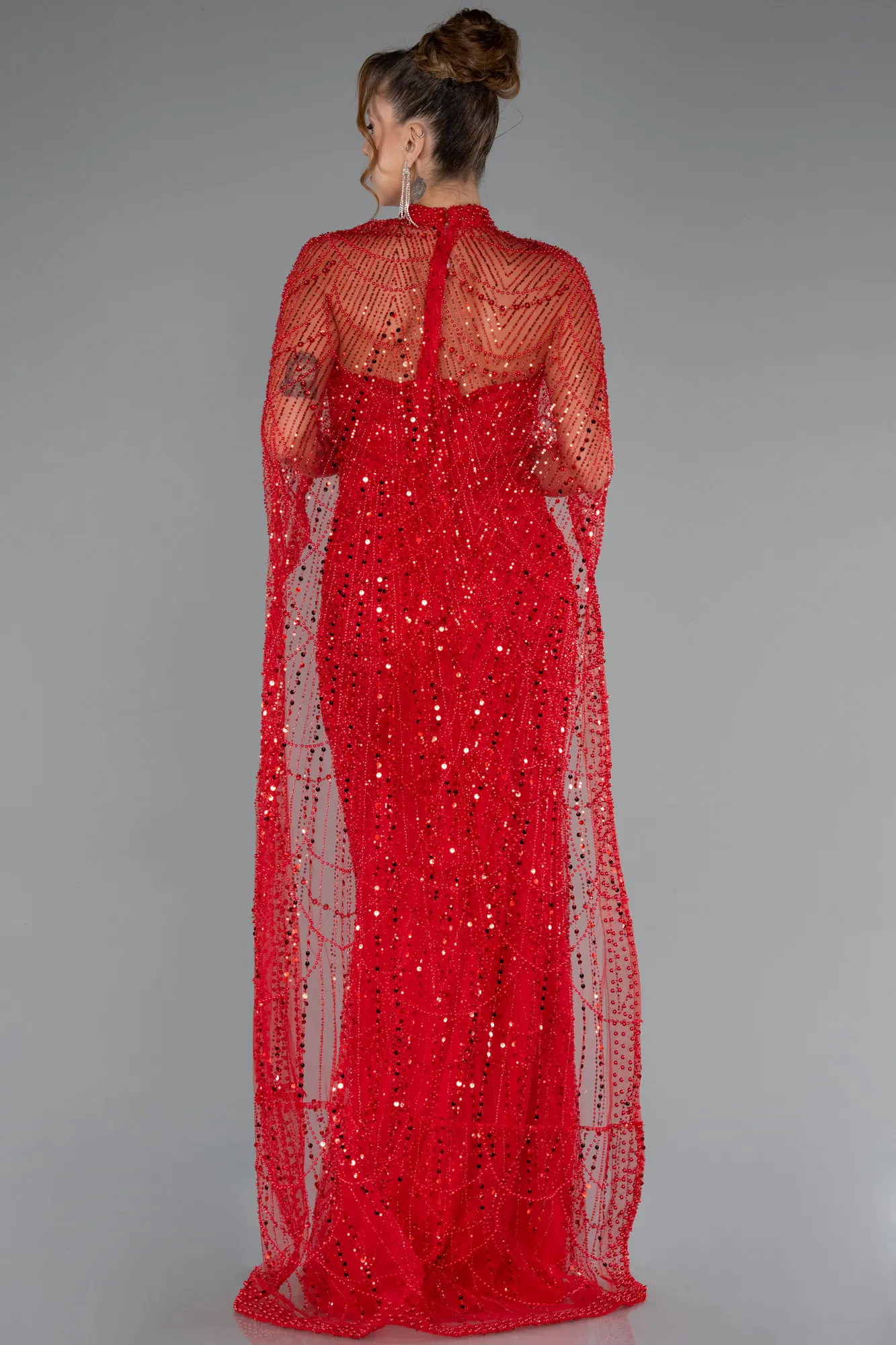 Red-Strapless Shawl Stoned Long Evening Gown ABU4517