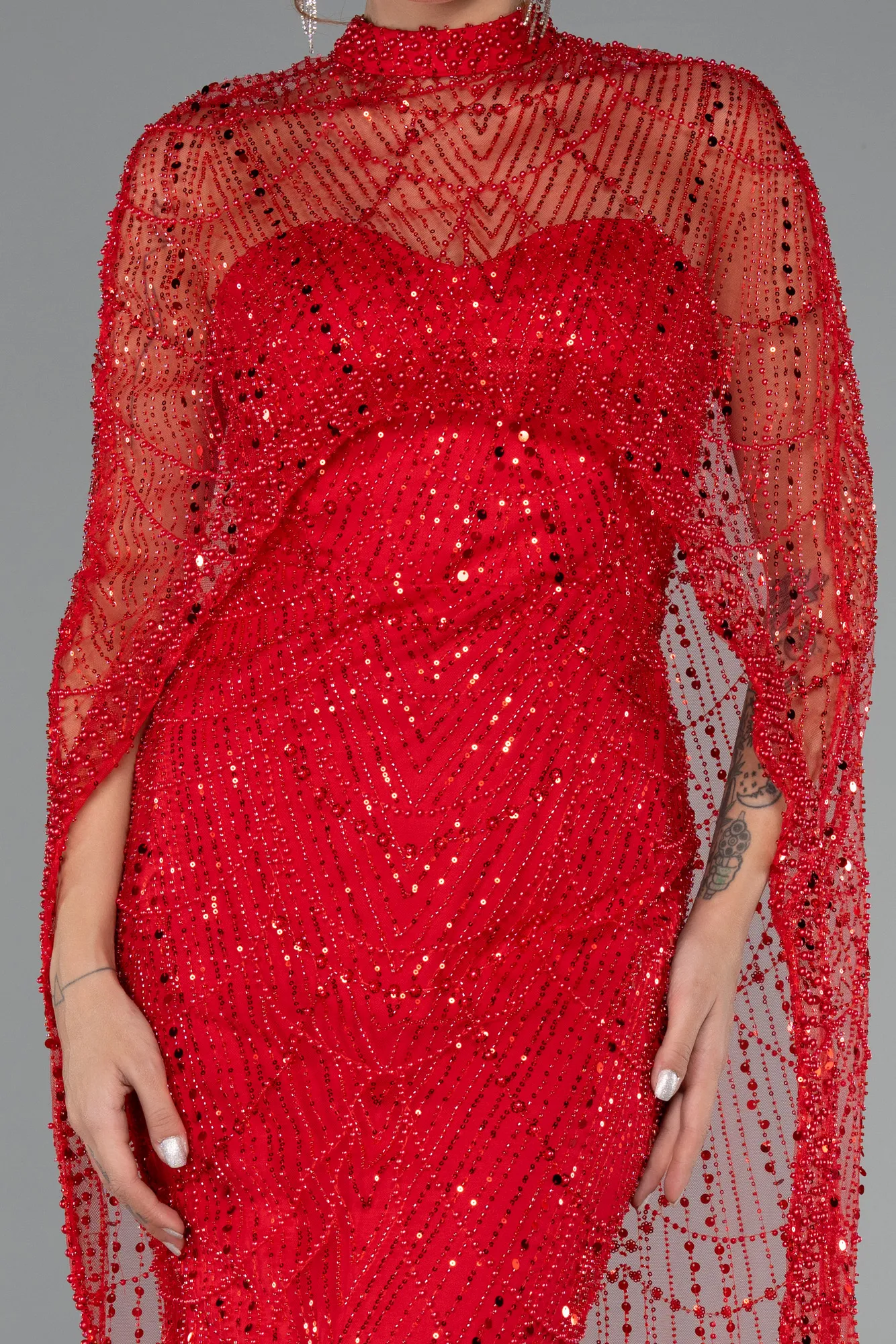 Red-Strapless Shawl Stoned Long Evening Gown ABU4517