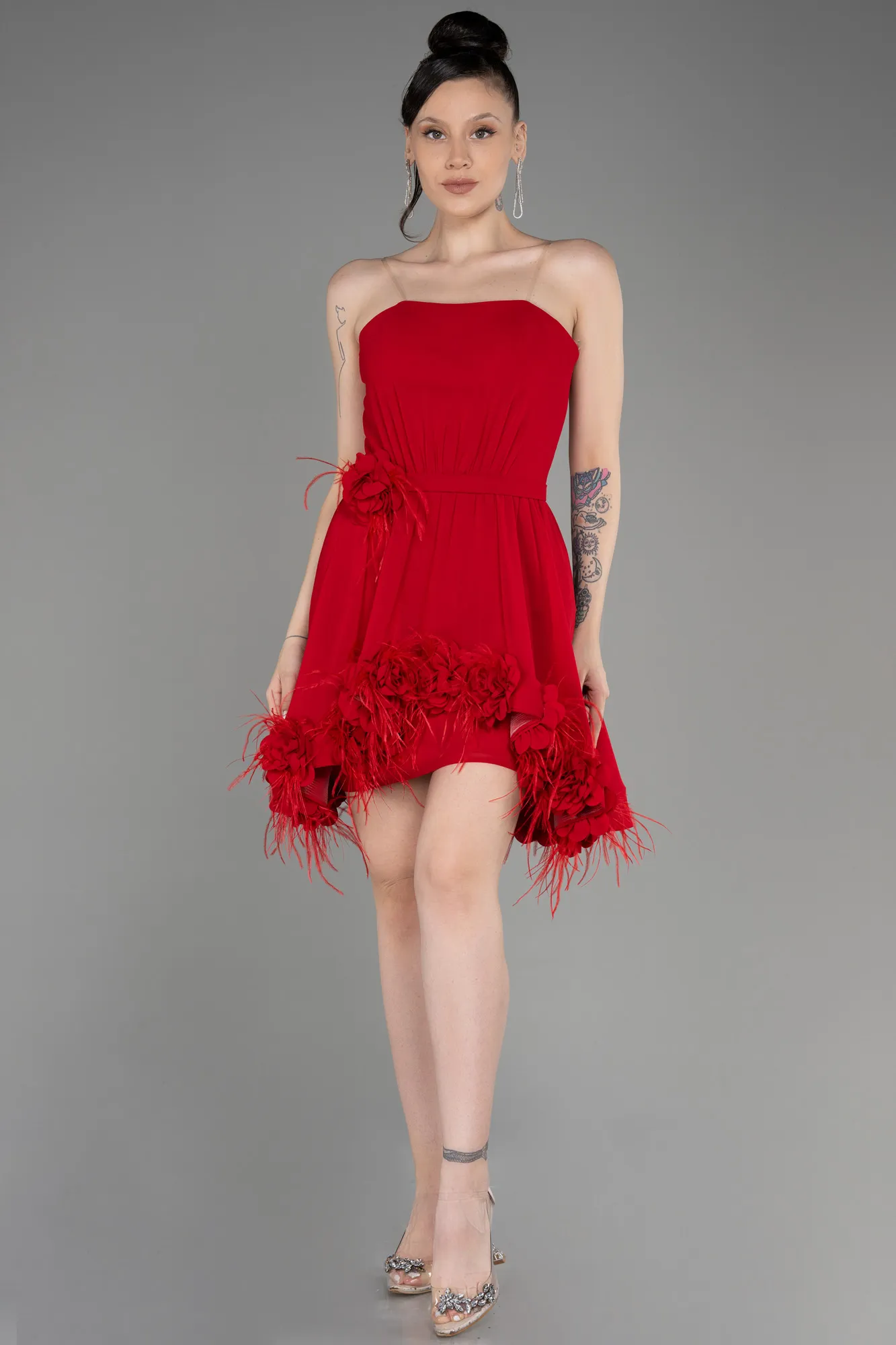 Red-Strapless Short Chiffon Cocktail Dress ABK2034