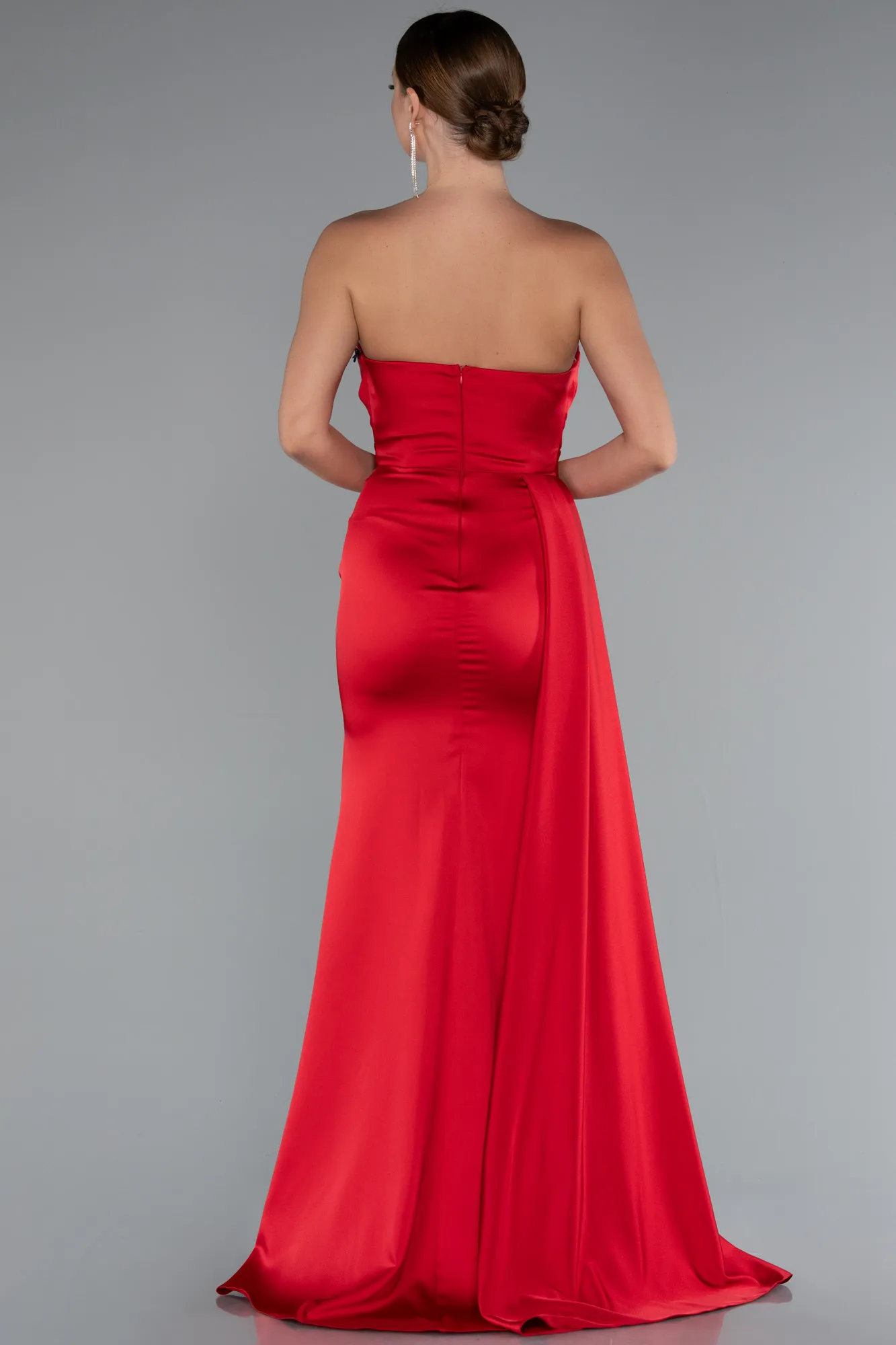 Red-Strapless Side Slit Satin Evening Gown ABU4841