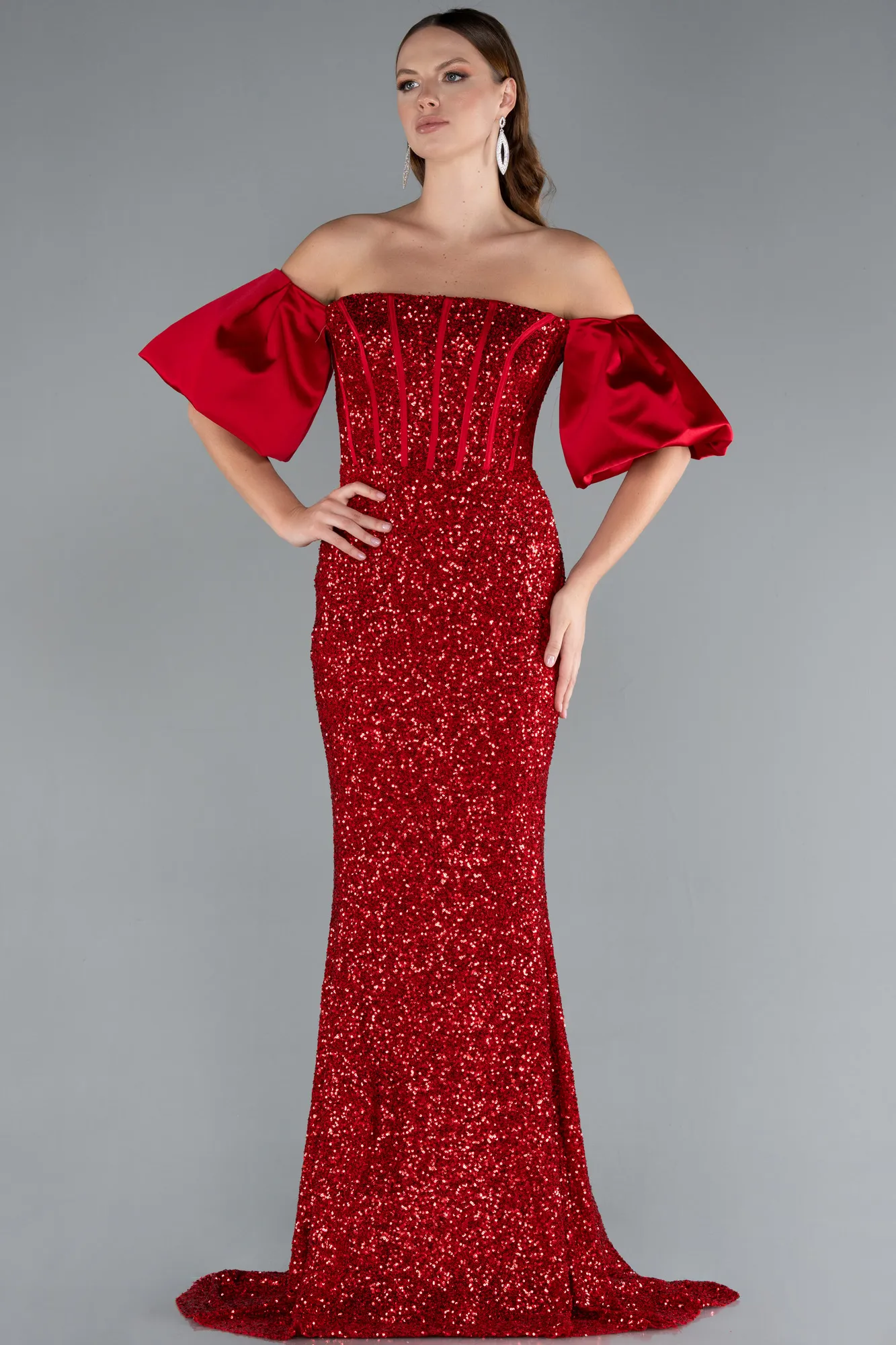 Red-Strapless Sleeve Accessories Long Scaly Evening Gown ABU4308