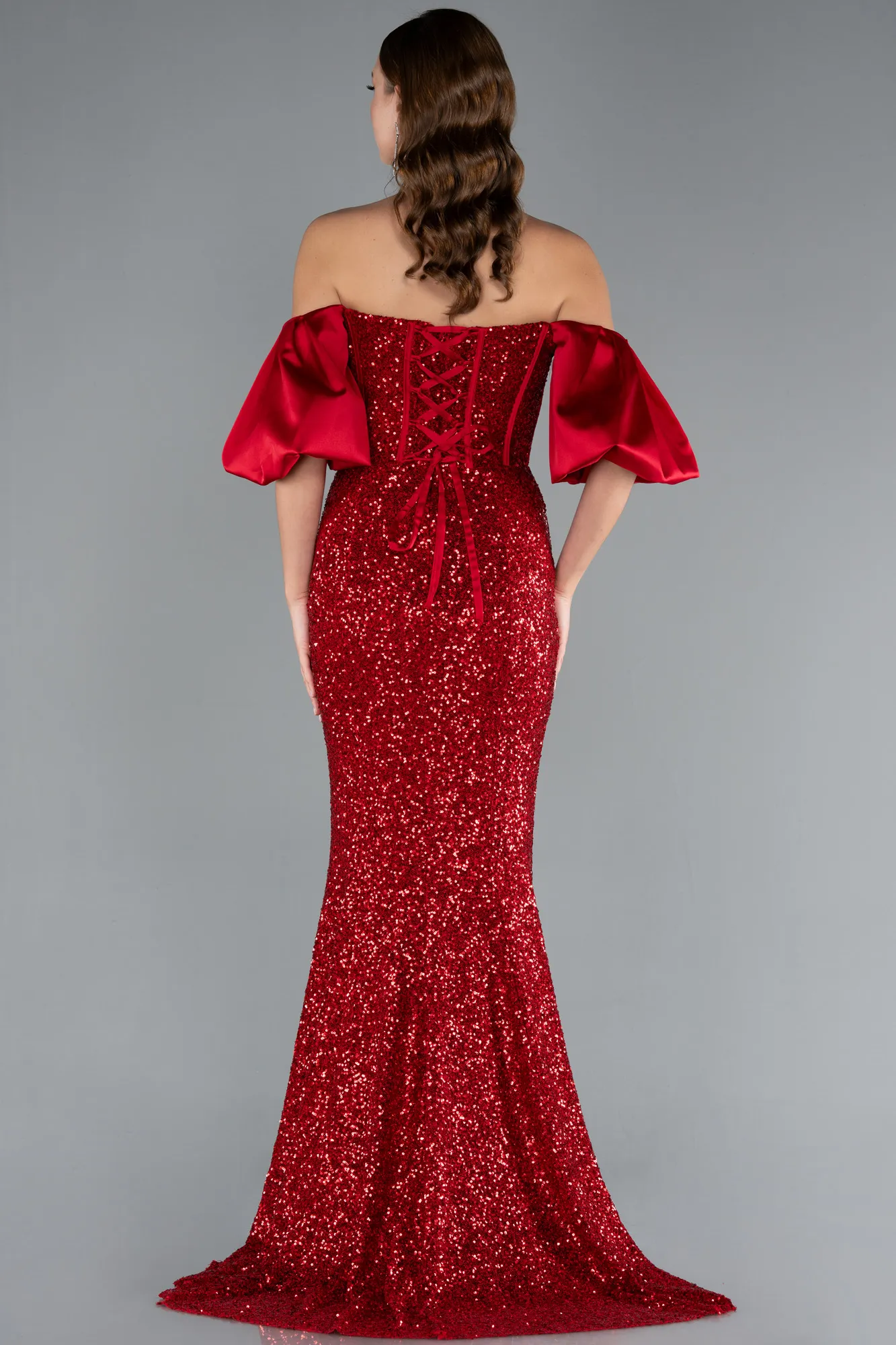 Red-Strapless Sleeve Accessories Long Scaly Evening Gown ABU4308