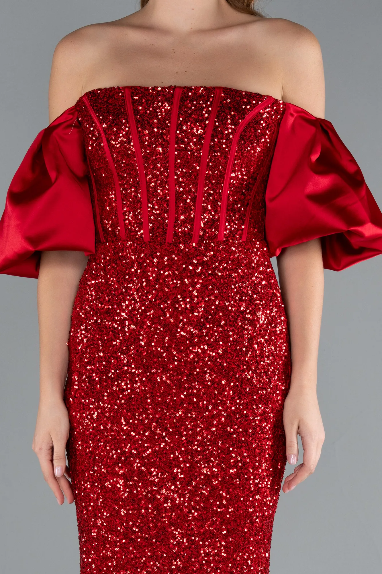 Red-Strapless Sleeve Accessories Long Scaly Evening Gown ABU4308