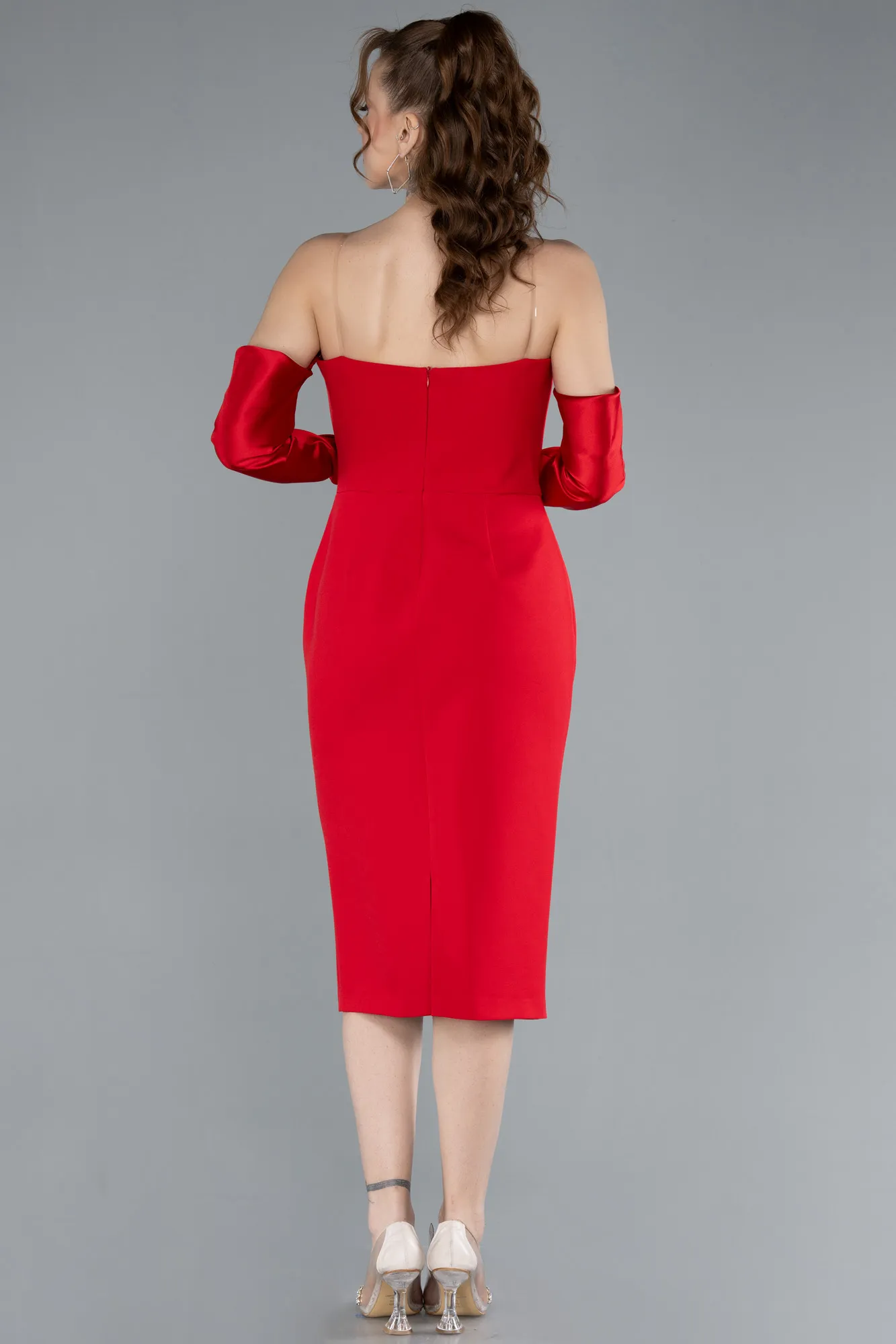 Red-Strapless Sleeve Accessory Midi Party Dress ABK2273