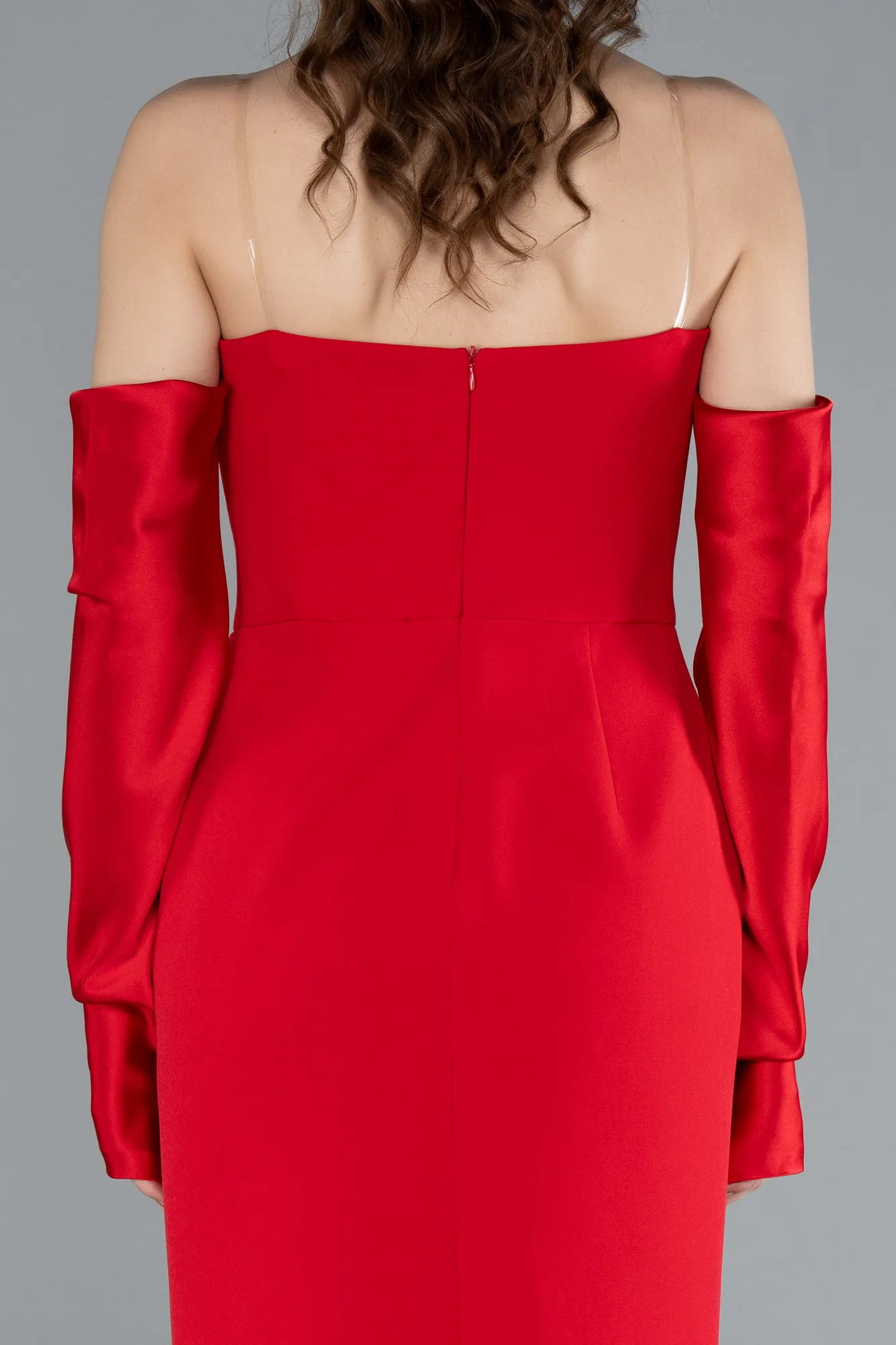 Red-Strapless Sleeve Accessory Midi Party Dress ABK2273