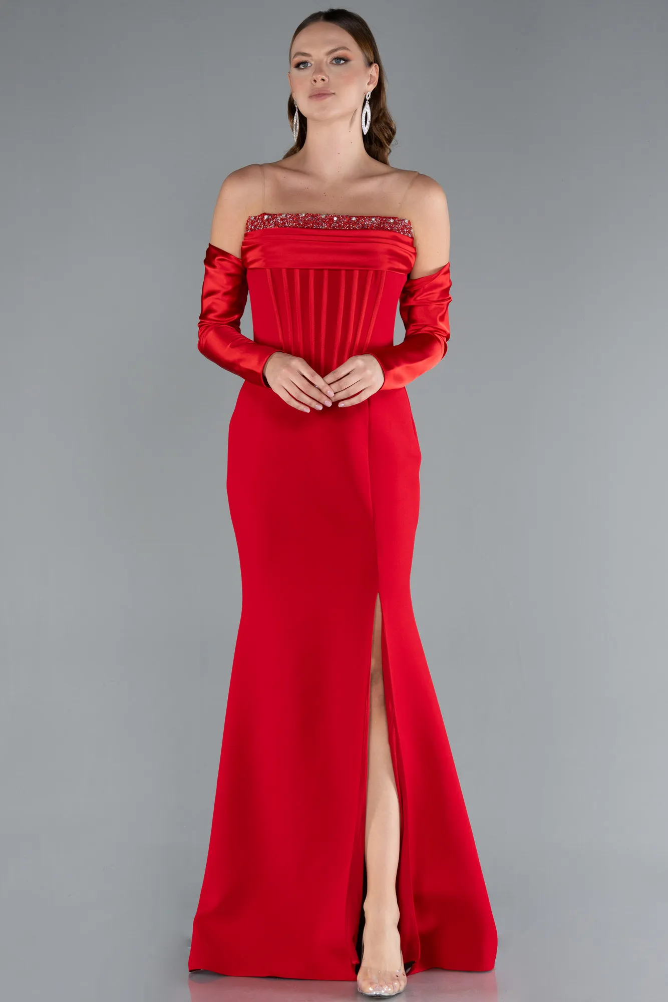 Red-Strapless Sleeve Accessory Slit Mermaid Prom Dress ABU4637