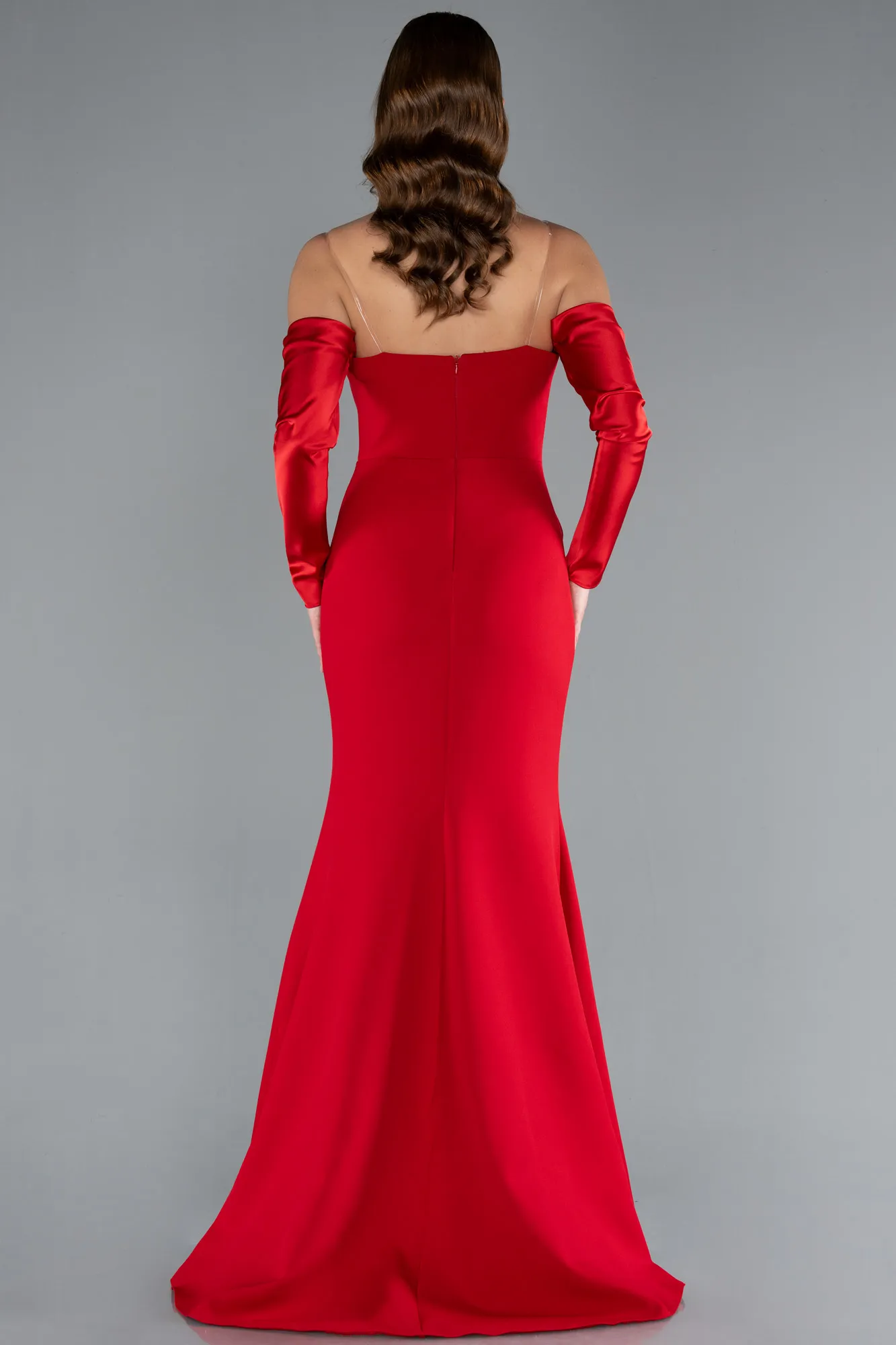 Red-Strapless Sleeve Accessory Slit Mermaid Prom Dress ABU4637