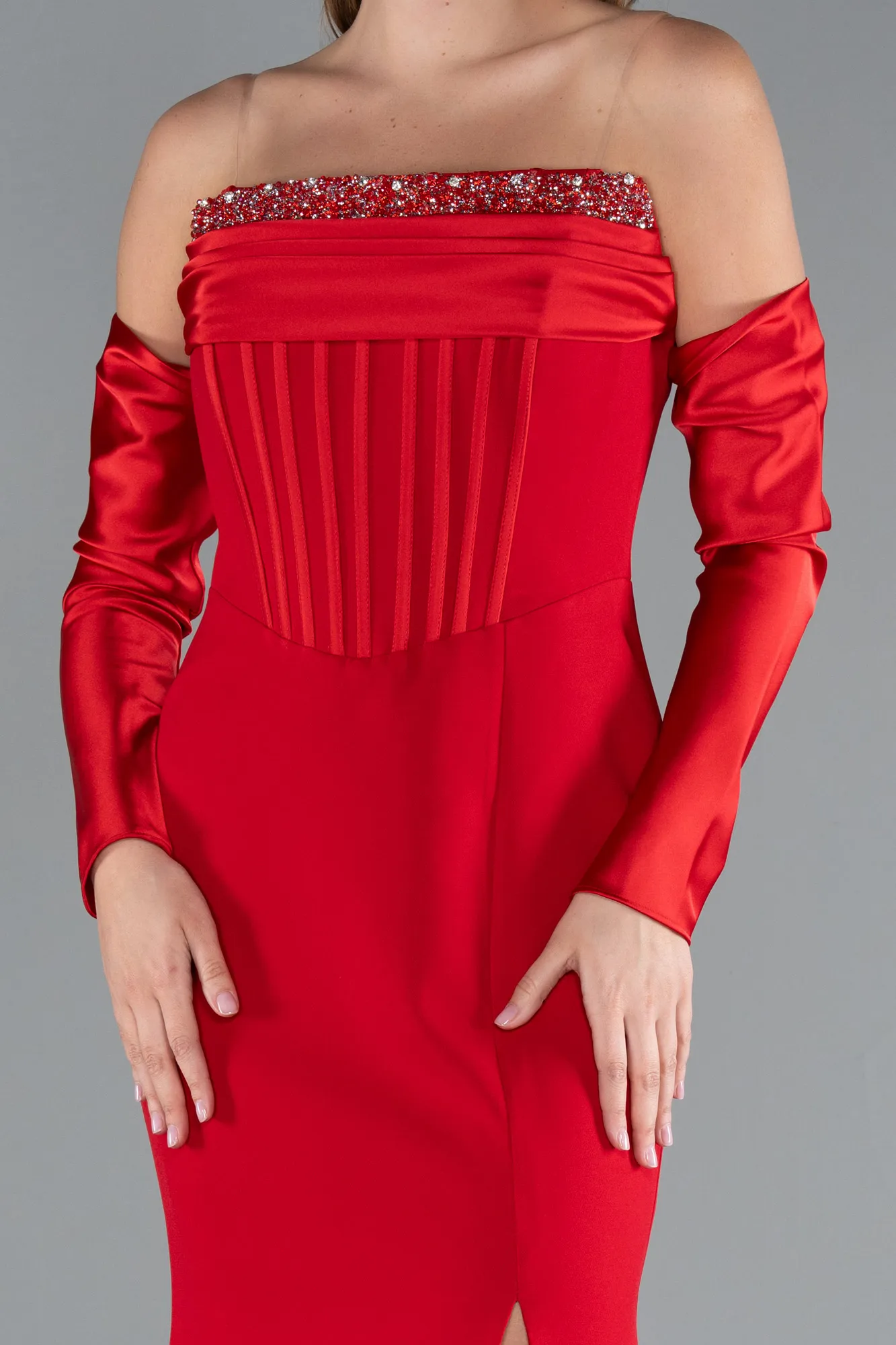 Red-Strapless Sleeve Accessory Slit Mermaid Prom Dress ABU4637