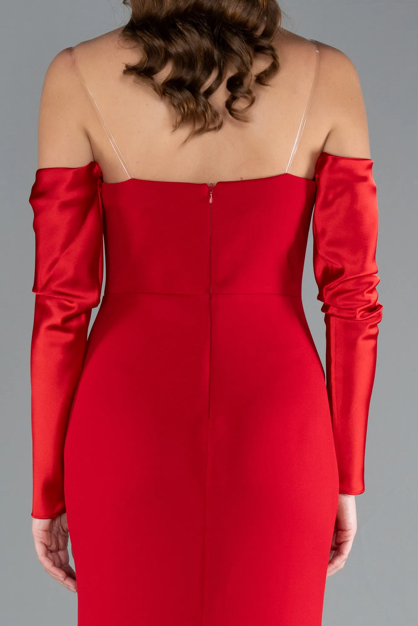 Red-Strapless Sleeve Accessory Slit Mermaid Prom Dress ABU4637