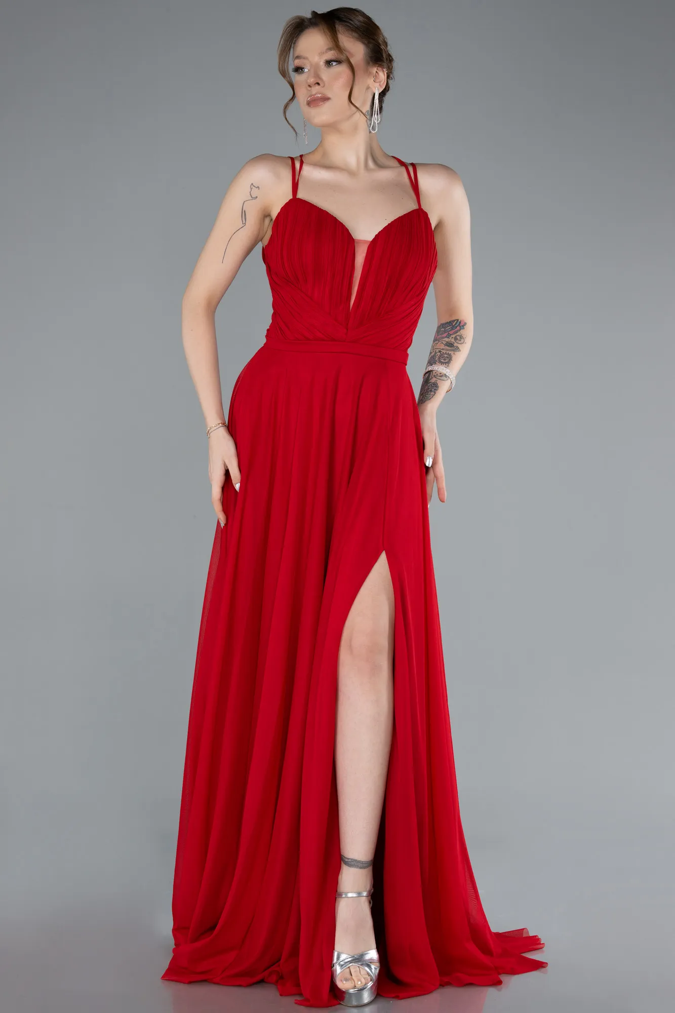 Red-Strapless Slit Long Evening Dress ABU4812
