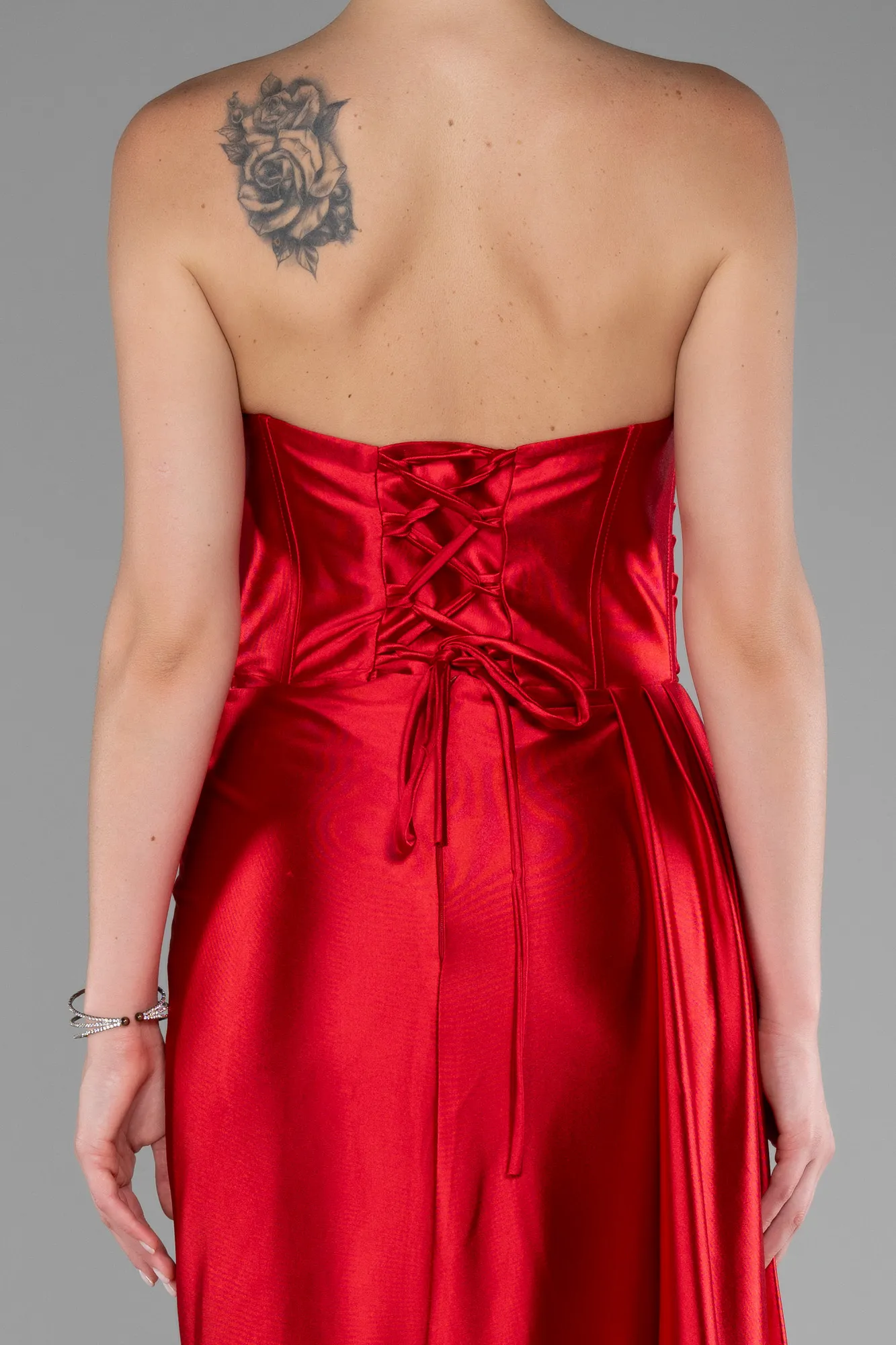 Red-Strapless Slit Long Satin Prom Gown ABU4072