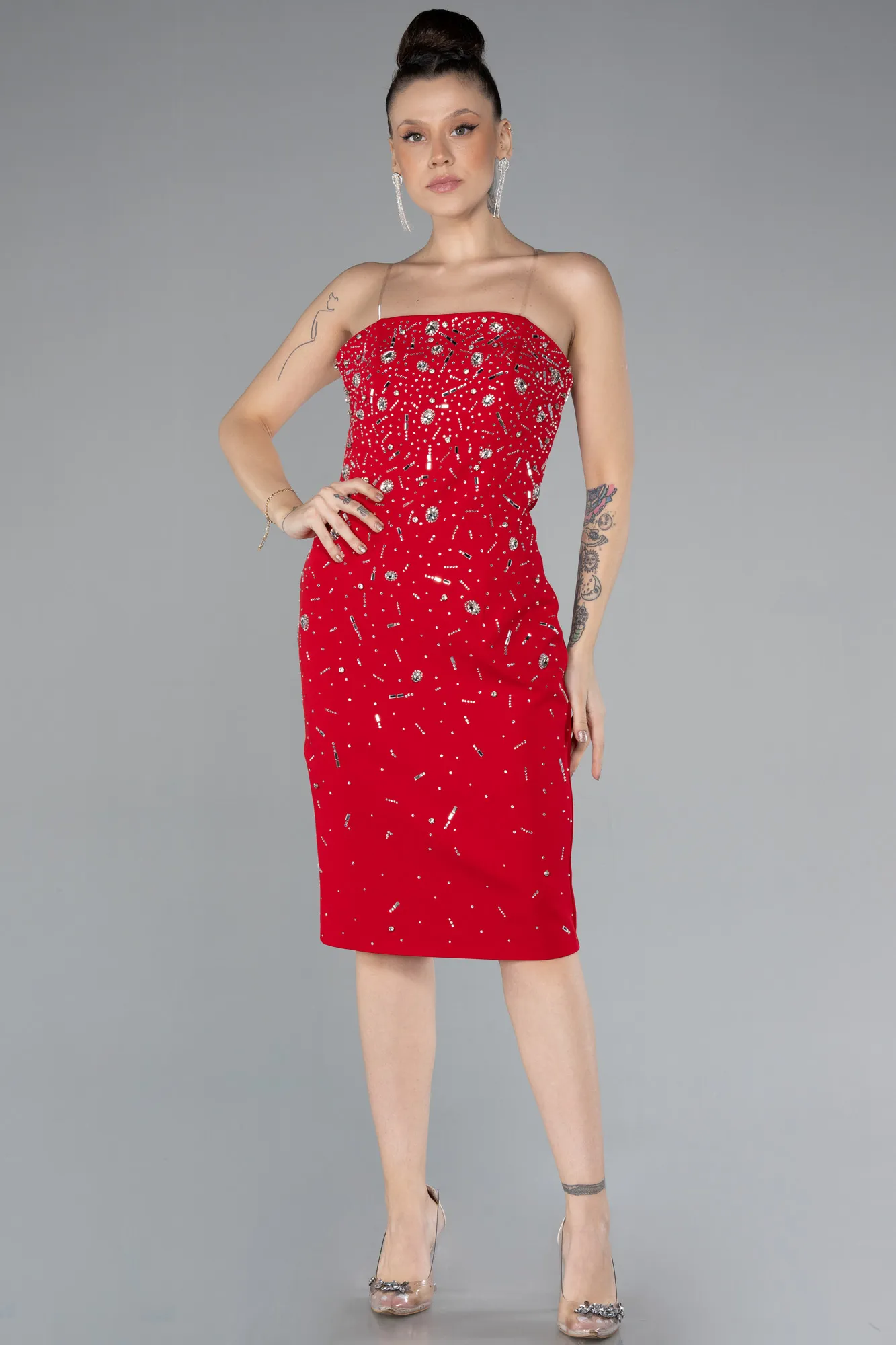 Red-Strapless Stone Midi Cocktail Dress ABK2211