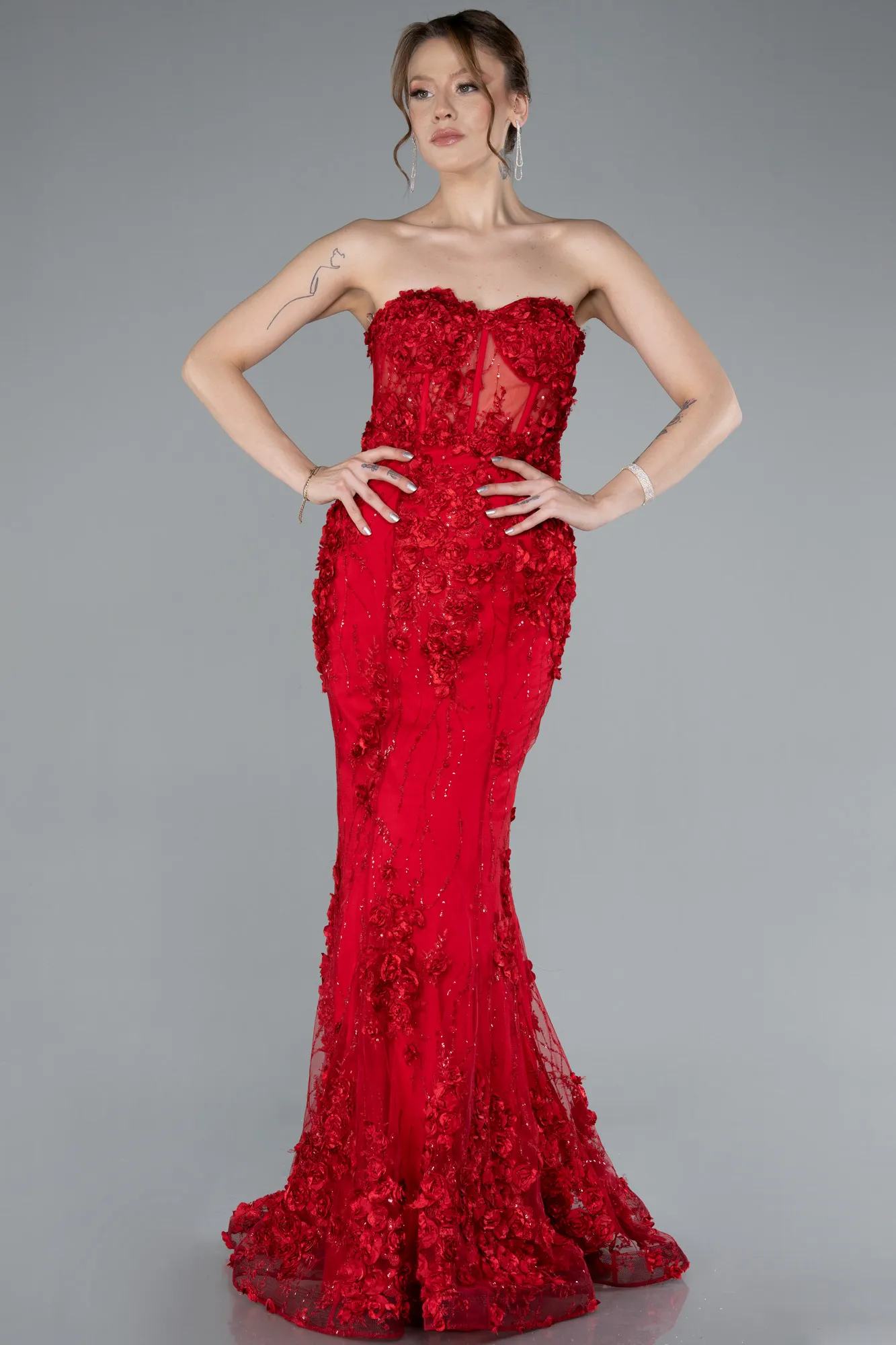 Red-Strapless Three Dimensional Floral Long Mermaid Evening Gown ABU5571