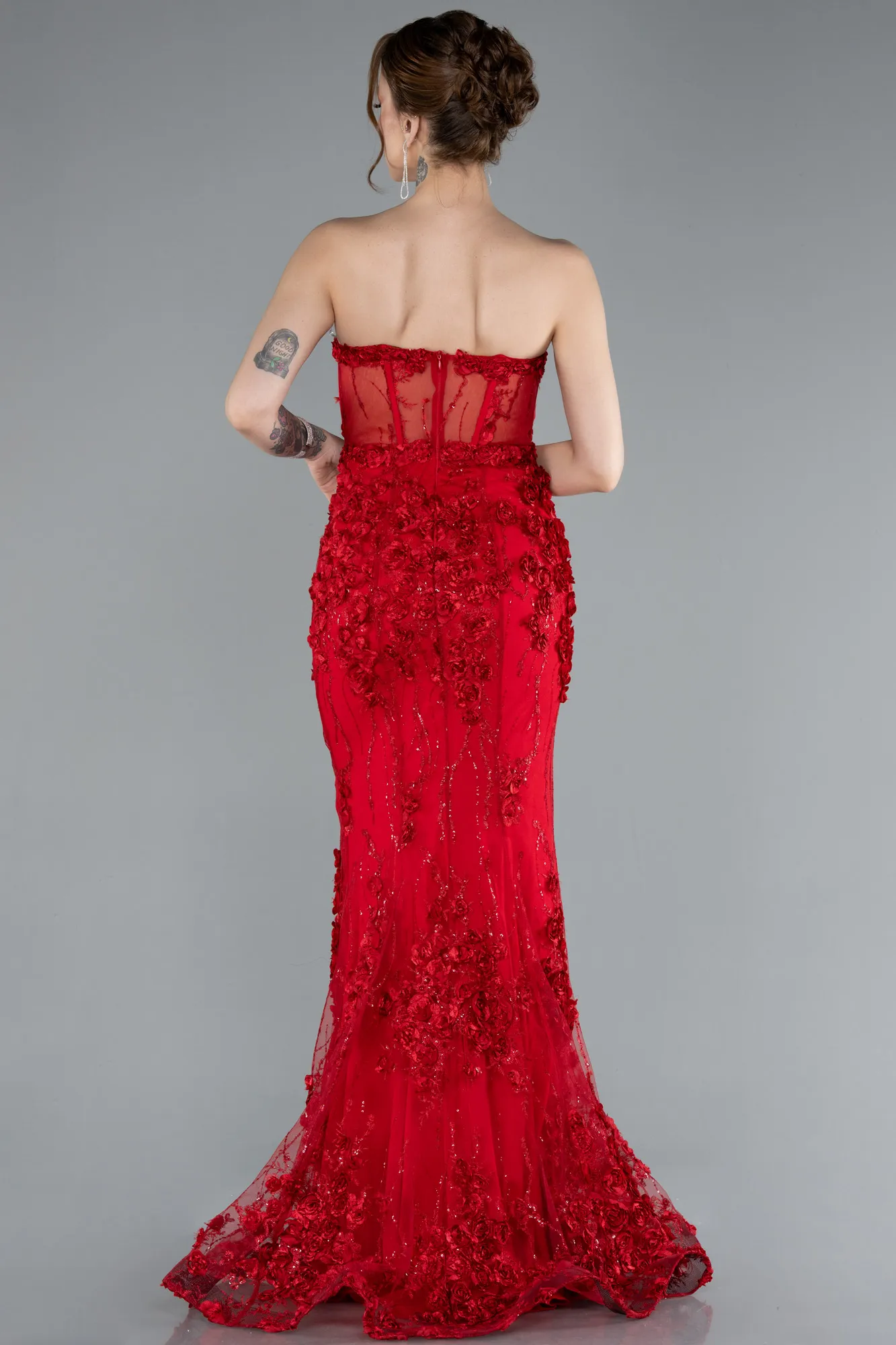 Red-Strapless Three Dimensional Floral Long Mermaid Evening Gown ABU5571