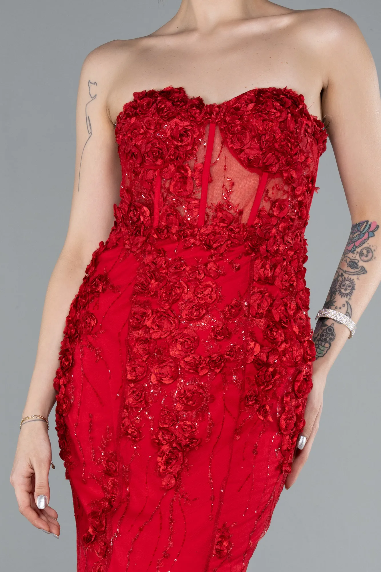 Red-Strapless Three Dimensional Floral Long Mermaid Evening Gown ABU5571