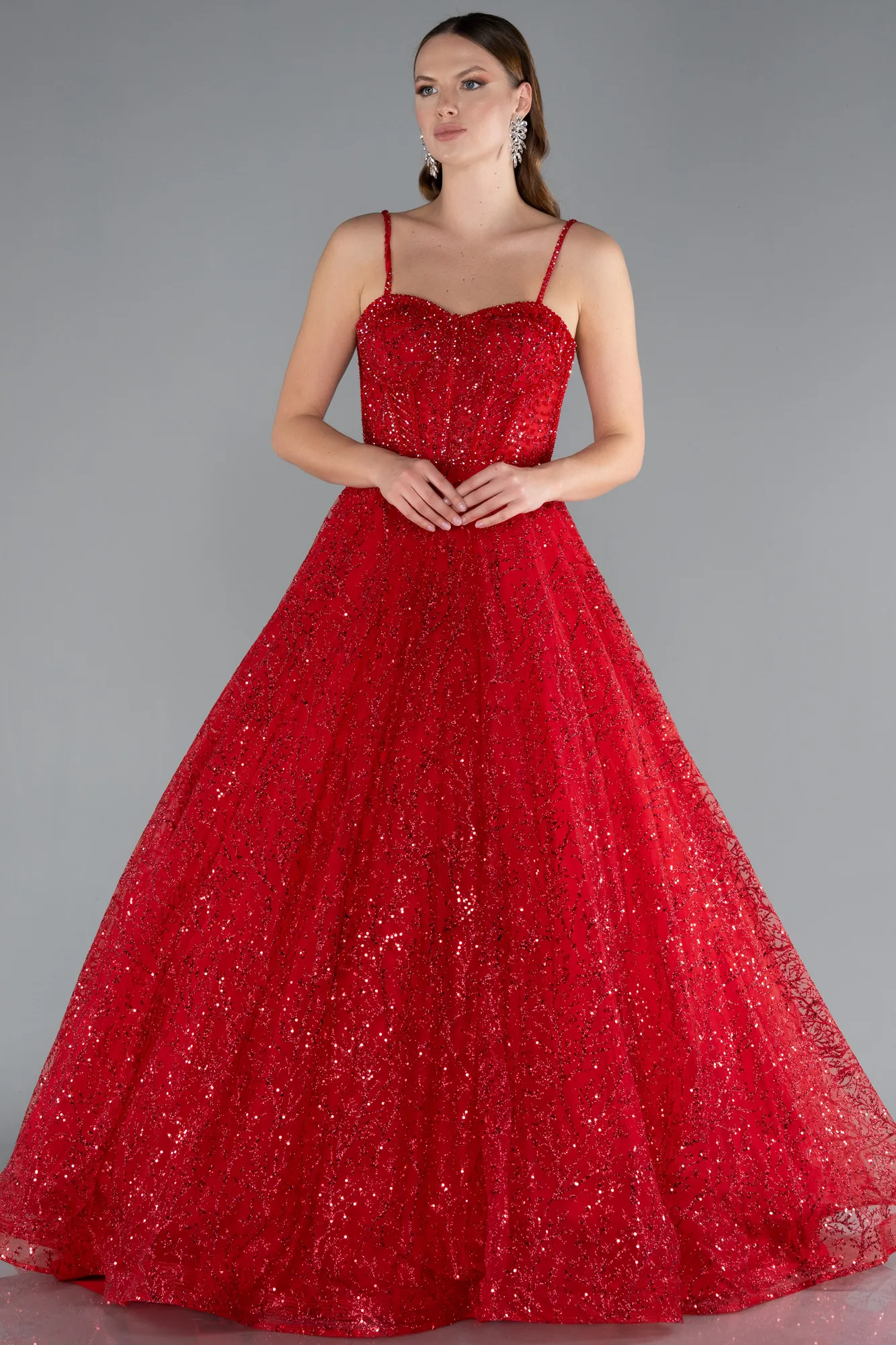 Red-Strappy Glitter Long Ball Gown ABU3839