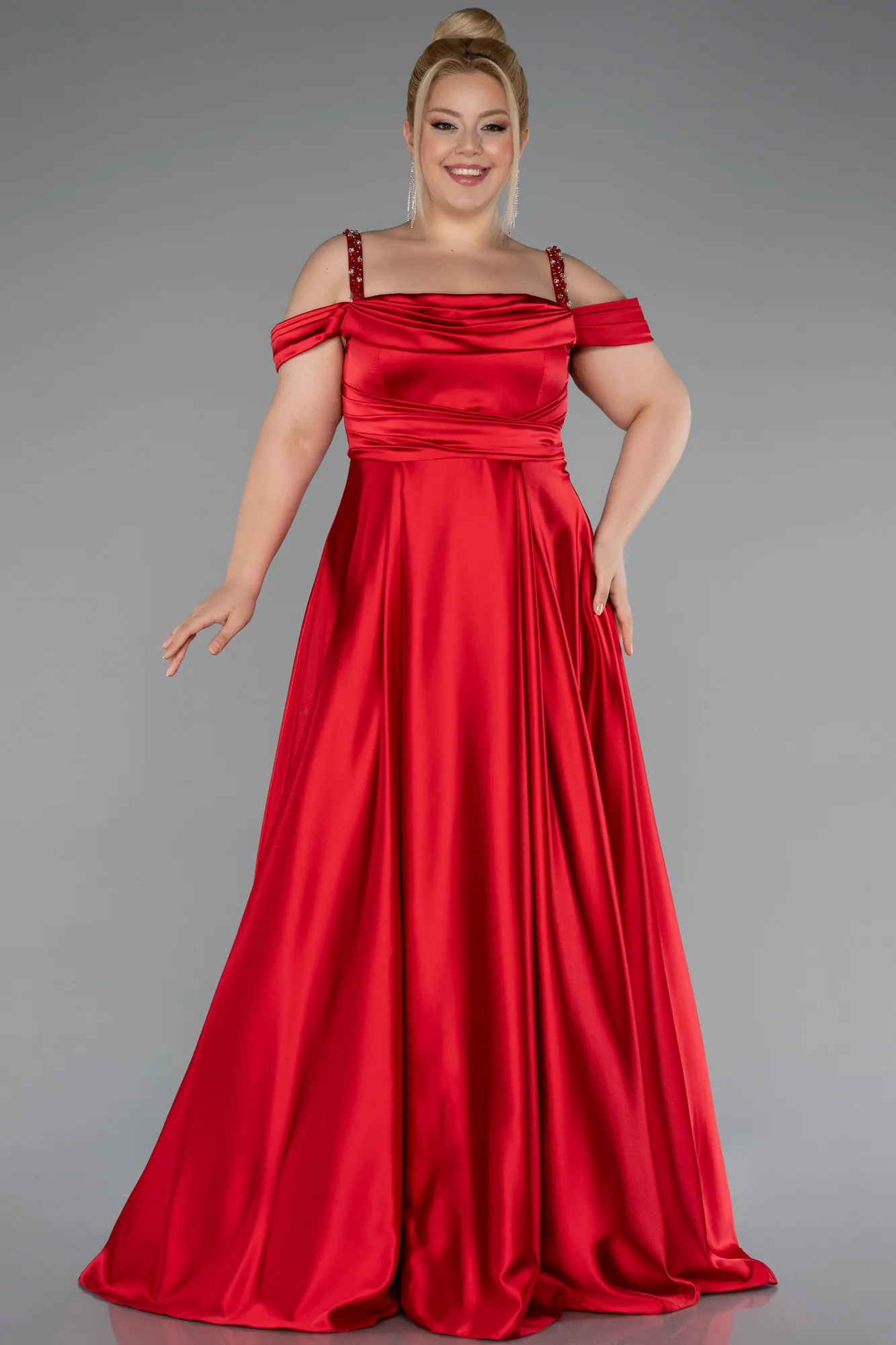 Red-Strappy Long Satin Plus Size Engagement Dress ABU4207