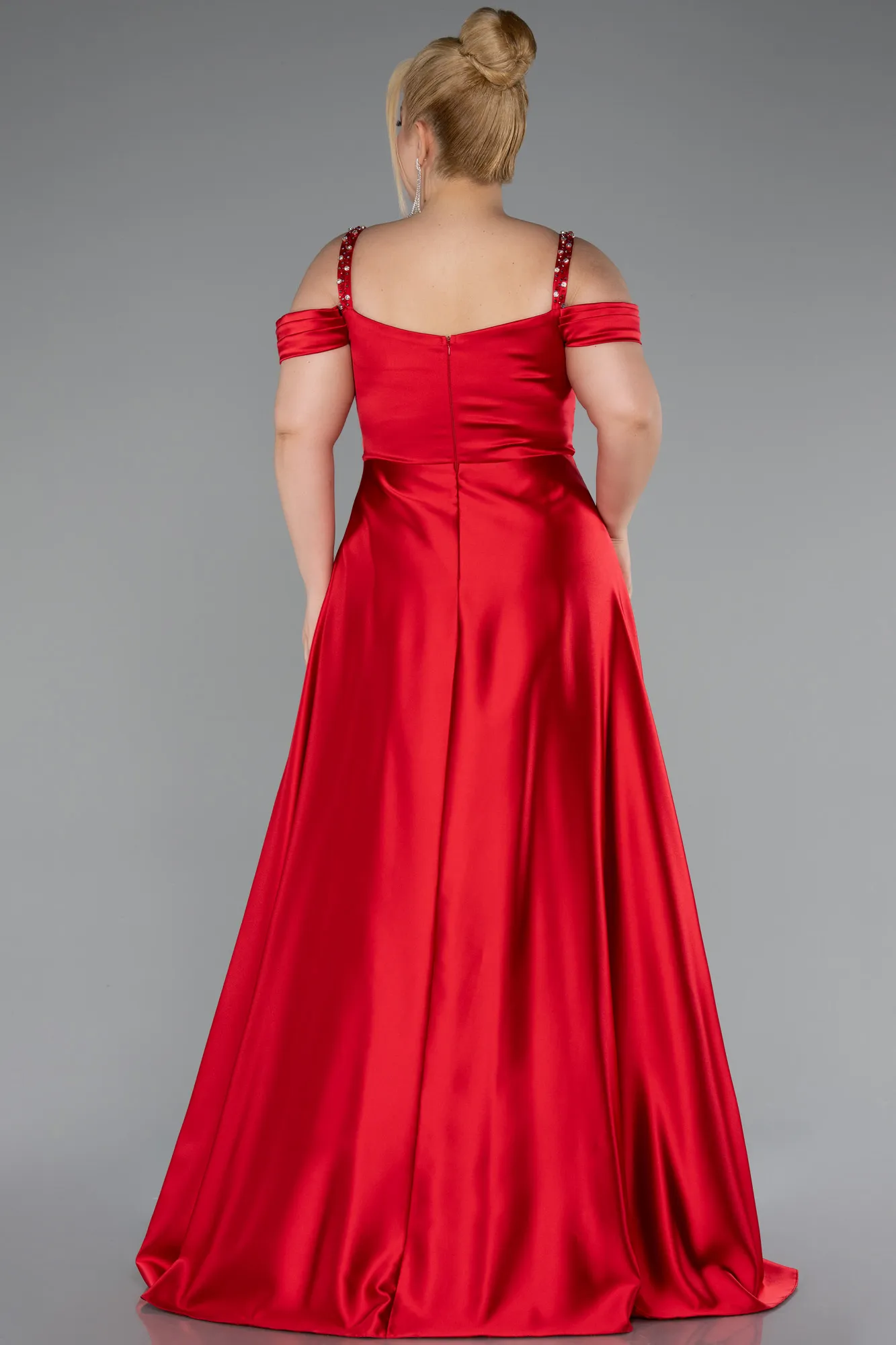 Red-Strappy Long Satin Plus Size Engagement Dress ABU4207