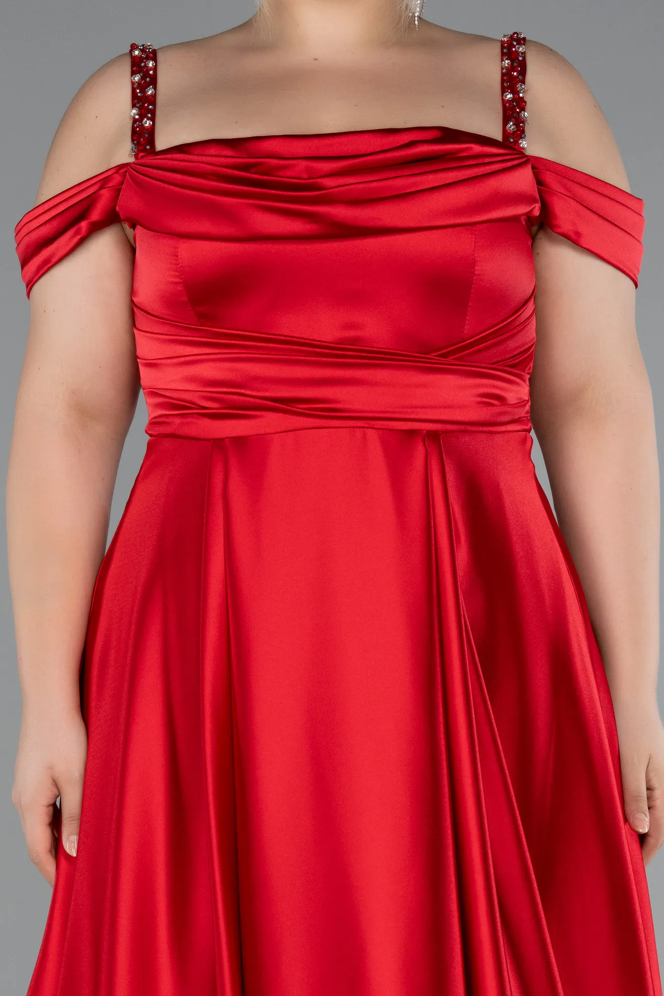 Red-Strappy Long Satin Plus Size Engagement Dress ABU4207