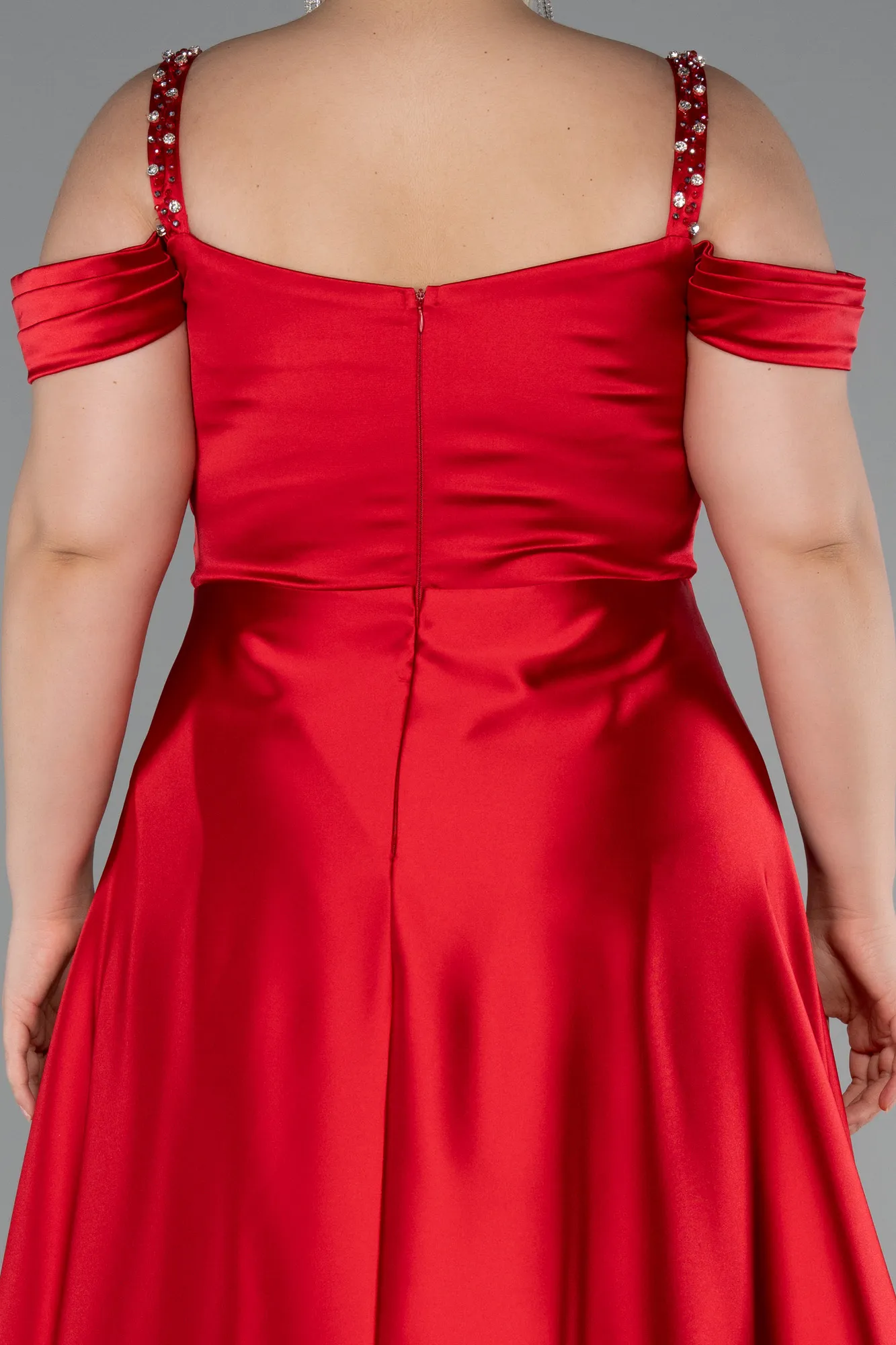 Red-Strappy Long Satin Plus Size Engagement Dress ABU4207