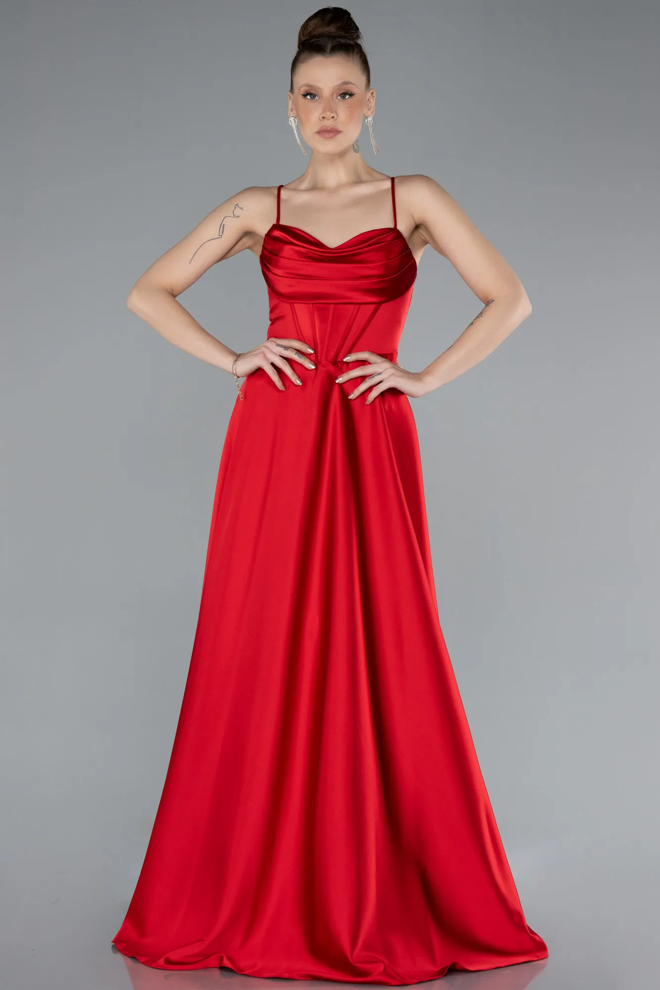Red-Strappy Long Satin Prom Dress ABU4684